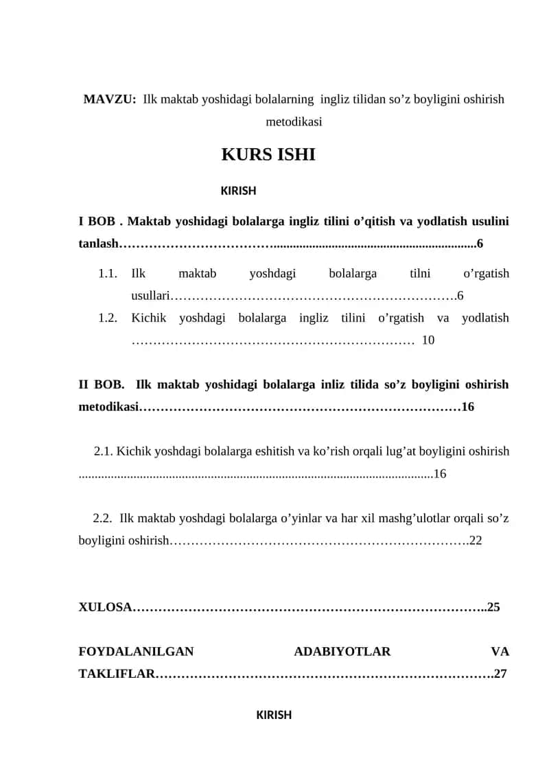 Ilk maktab yoshidagi bolalarning ingliz tilidan so’z boyligini oshirish metodikasi 1