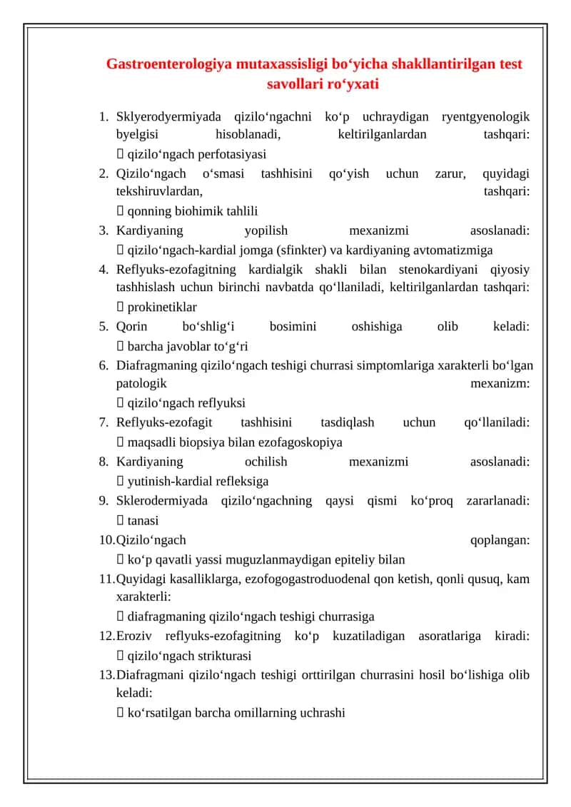 Gastroenterologiya mutaxassisligi boʻyicha shakllantirilgan test savollari roʻyxati 1