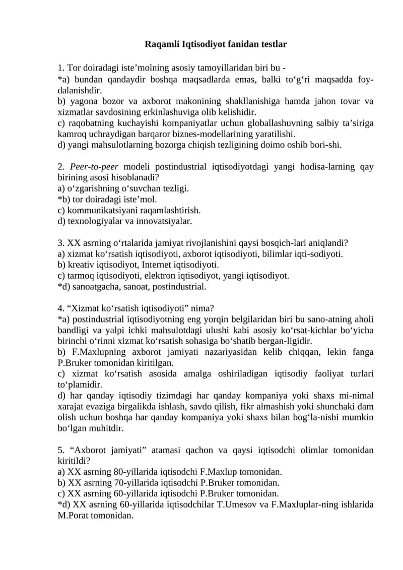 Raqamli Iqtisodiyot fanidan testlar 1