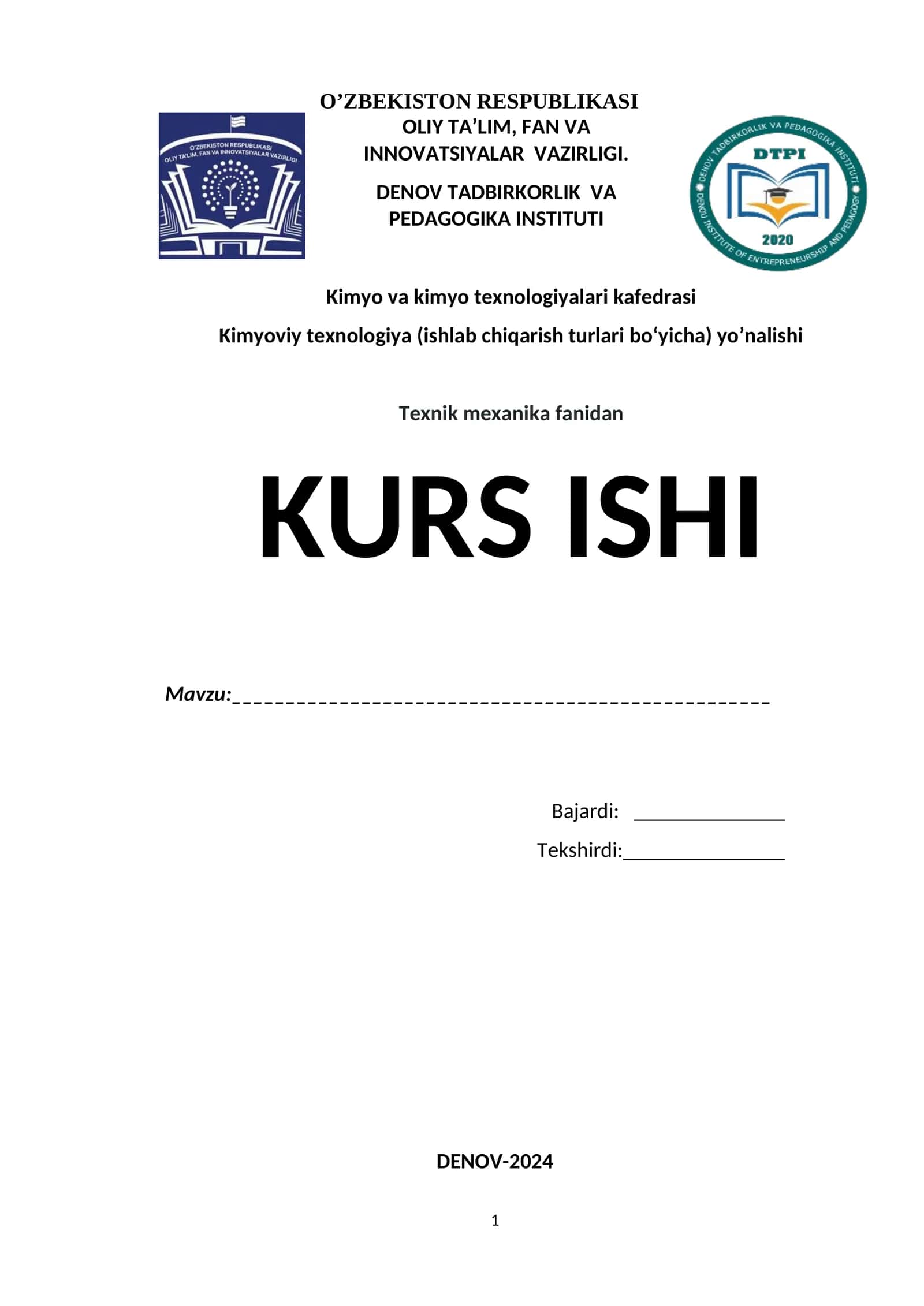 KIMYOVİY TEXNOLOGIYALAR (ISHLAB CHIQARISH TURLARI BO‘YICHA) 1
