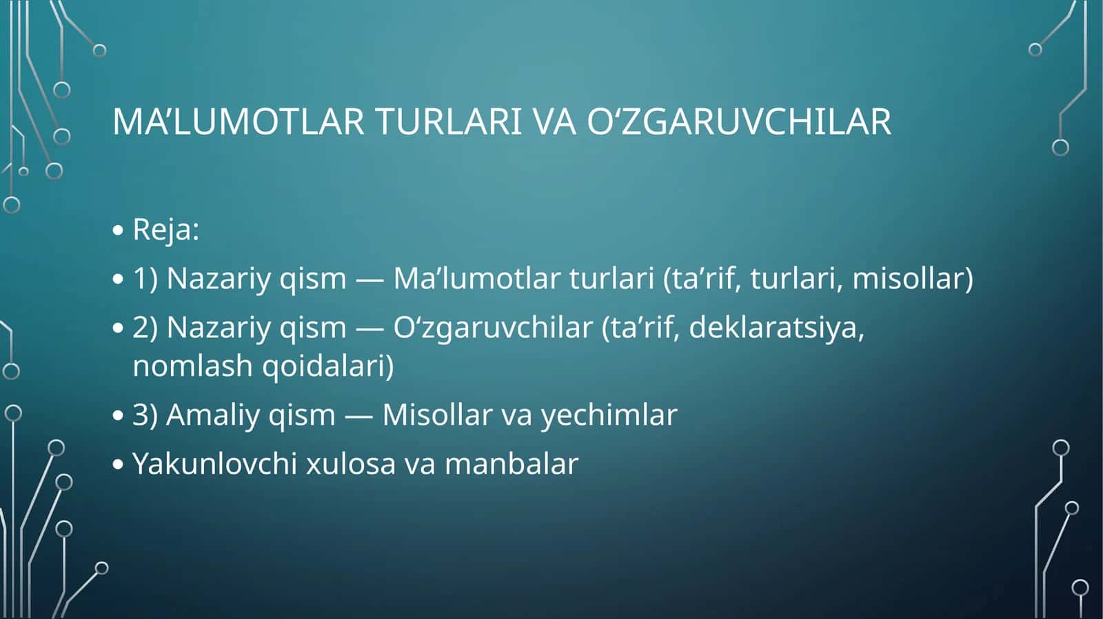 Ma'lumotlar turlari va o'zgaruvchilar 1