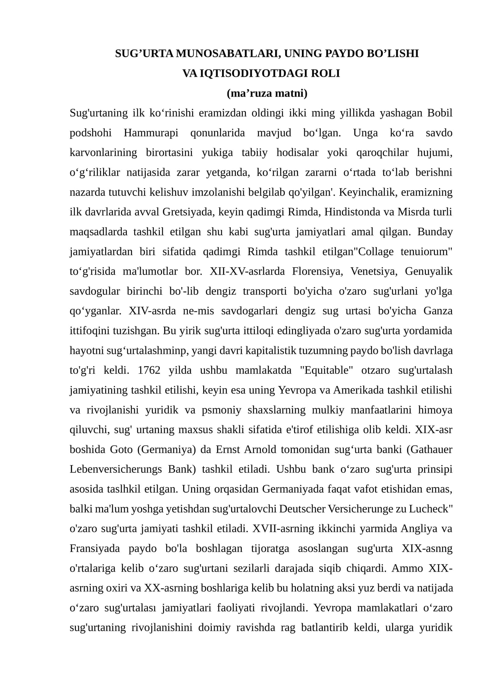 SUG’URTA MUNOSABATLARI, UNING PAYDO BO’LISHI VA IQTISODIYOTDAGI ROLI 1