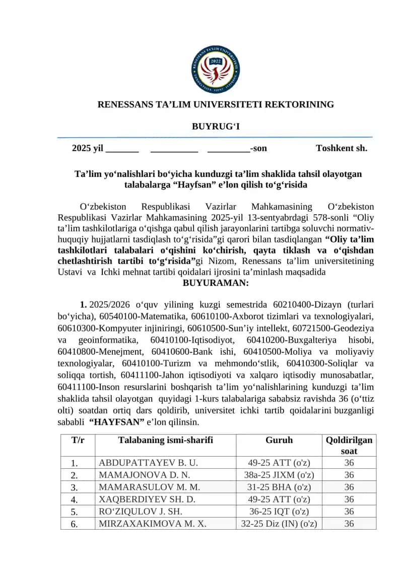 2025/2026 oʻquv yilining kurslari 1