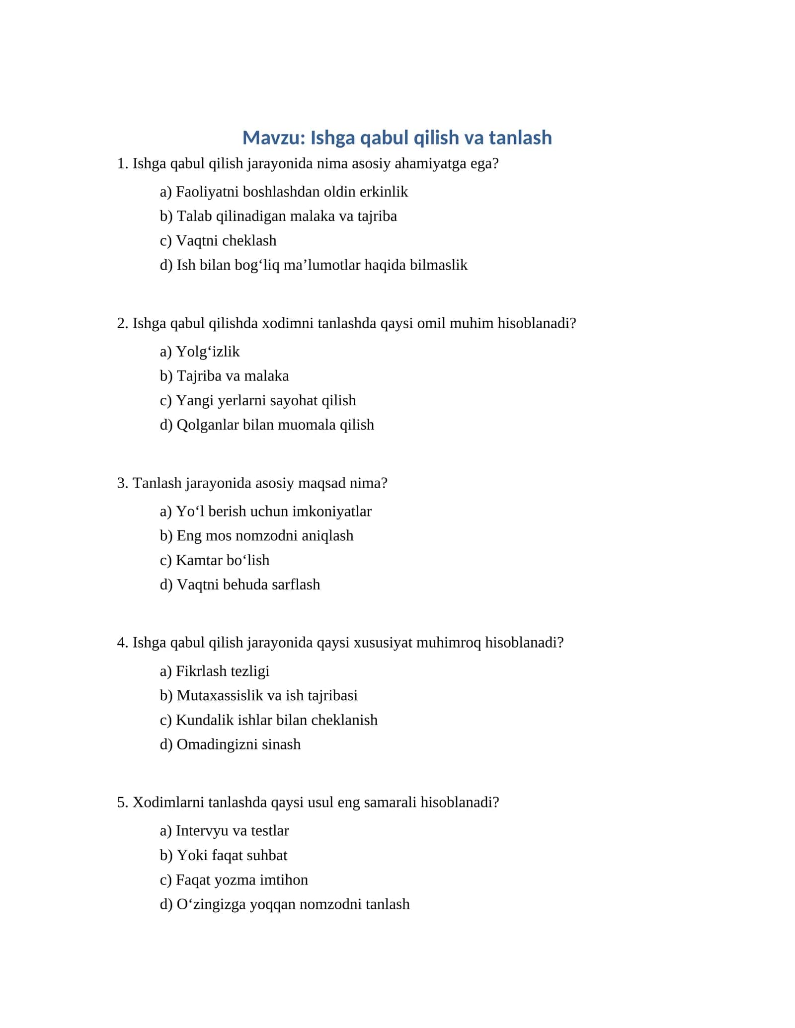 Ishga qabul qilish va tanlash 1