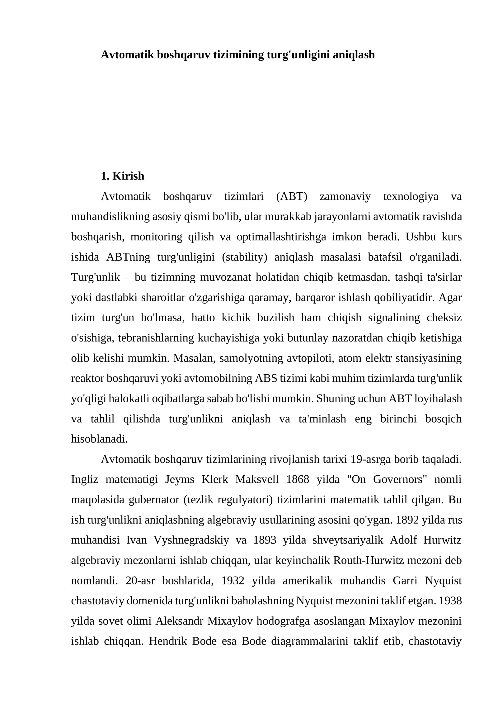 Avtomatik boshqaruv tizimining turg'unligini aniqlash 1