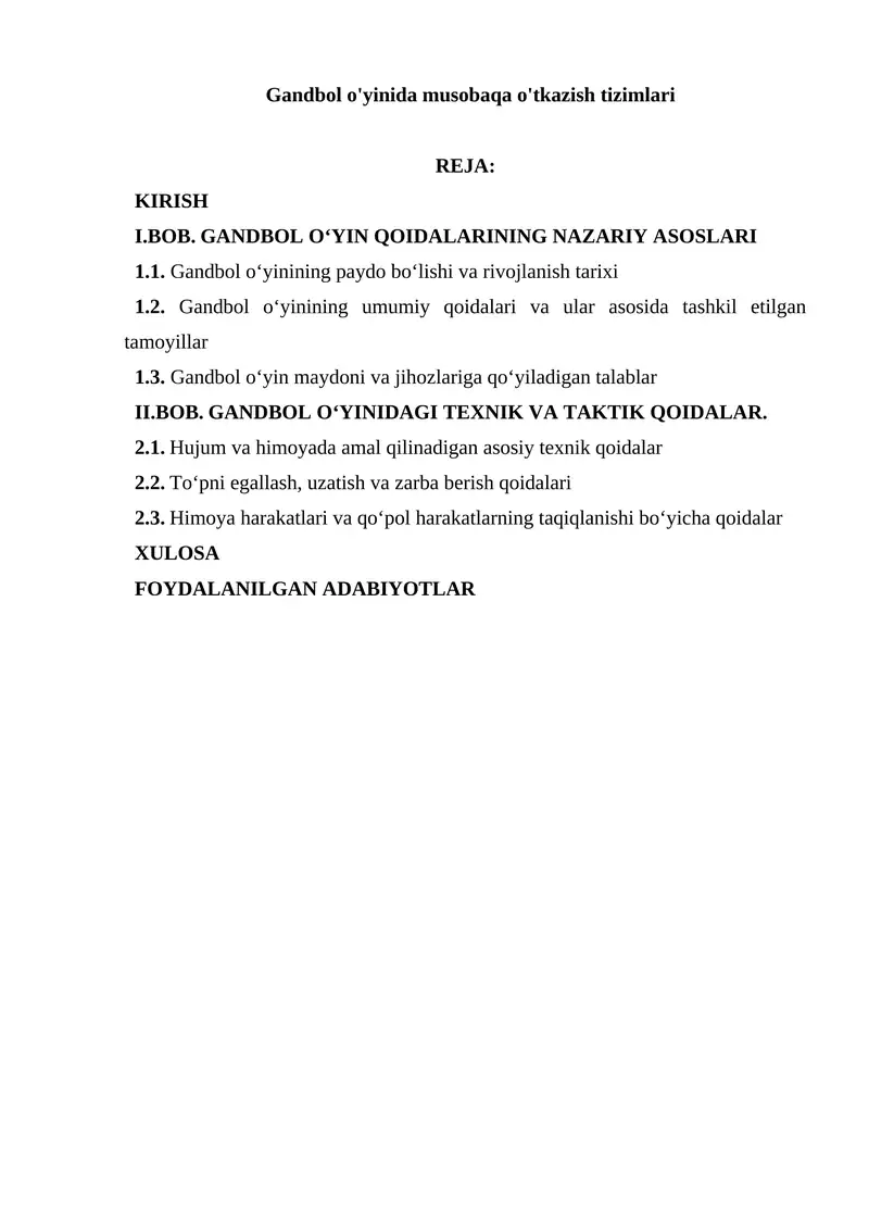 Gandbol o'yinida musobaqa o'tkazish tizimlari 1