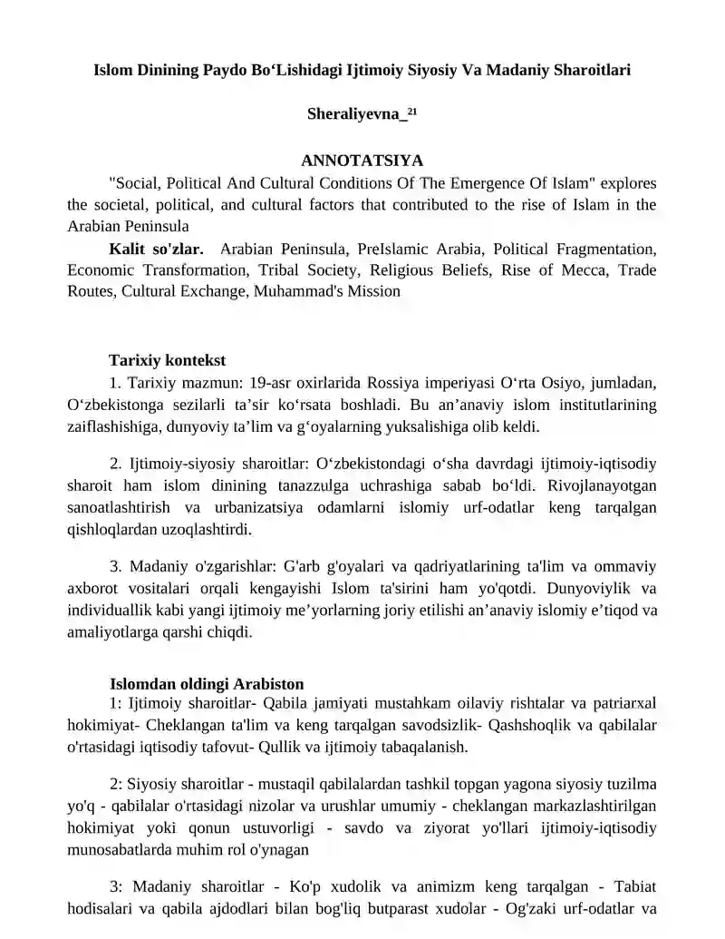 Islom Dinining Paydo BoʻLishidagi Ijtimoiy Siyosiy Va Madaniy Sharoitlari