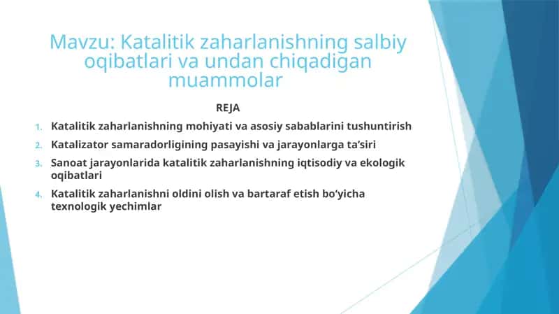 Katalitik zaharlanishning salbiy oqibatlari va undan chiqadigan muammolar 1