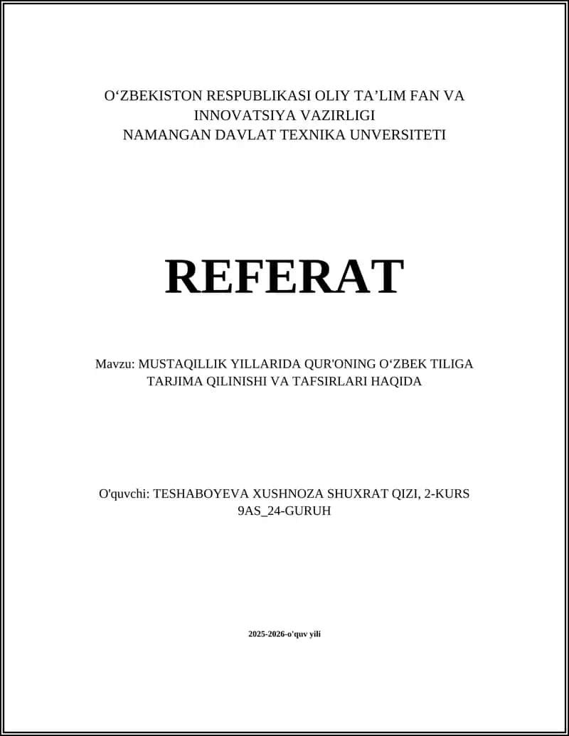 MUSTAQILLIK YILLARIDA QUR'ONING OʻZBEK TILIGA TARJIMA QILINISHI VA TAFSIRLARI HAQIDA 1