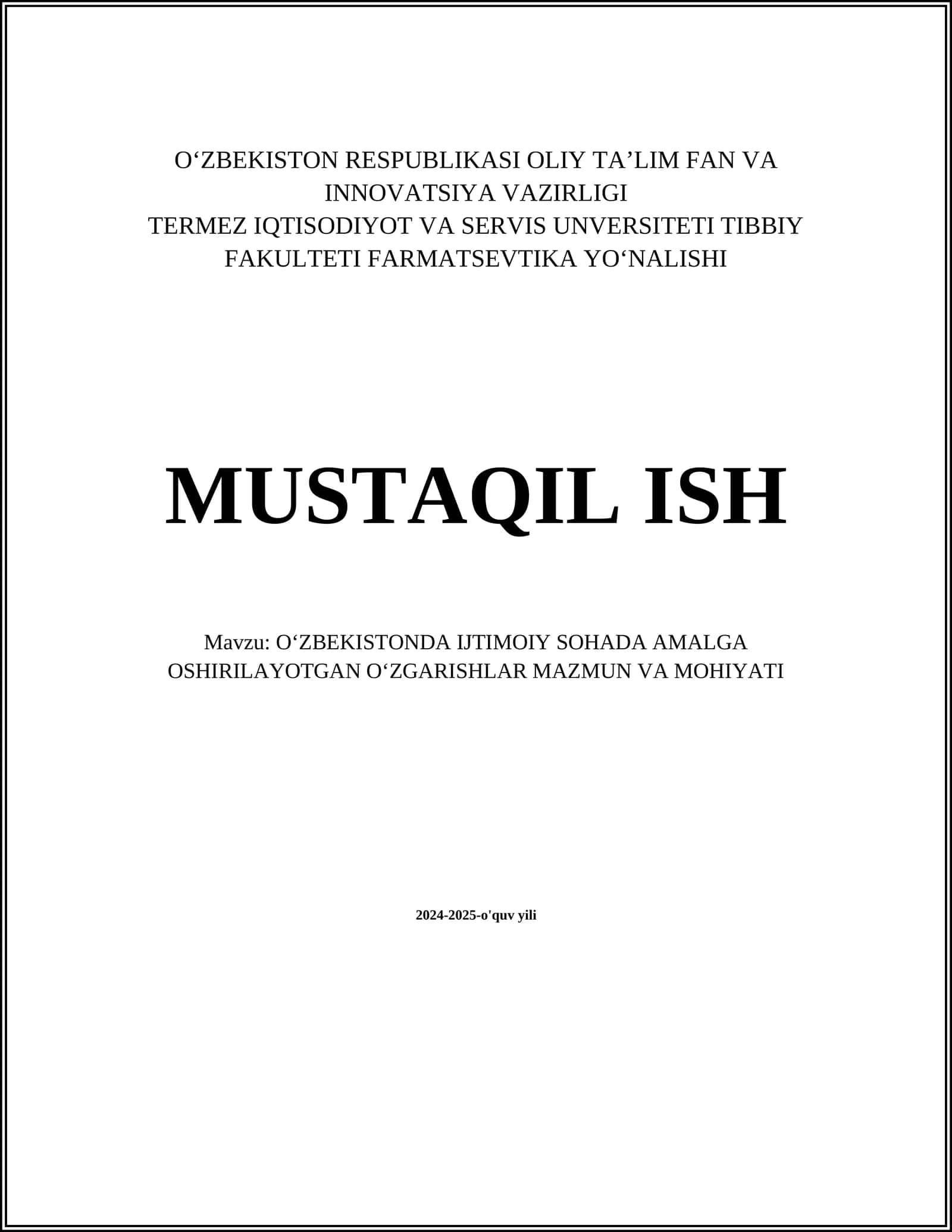 OʻZBEKISTONDA IJTIMOIY SOHADA AMALGA OSHIRILAYOTGAN OʻZGARISHLAR MAZMUN VA MOHIYATI 1