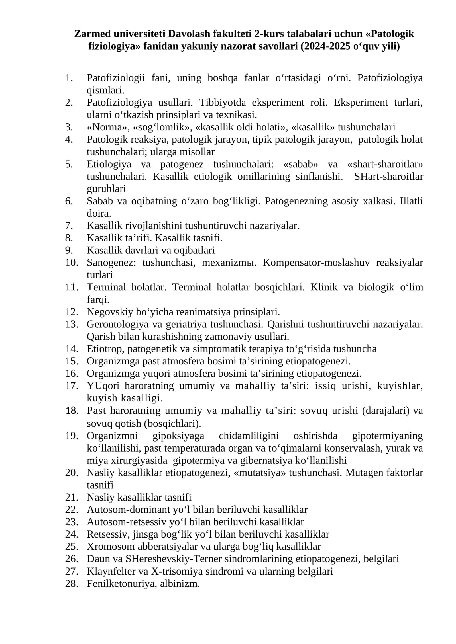 Patologik fiziologiya fanidan yakuniy nazorat savollari 1