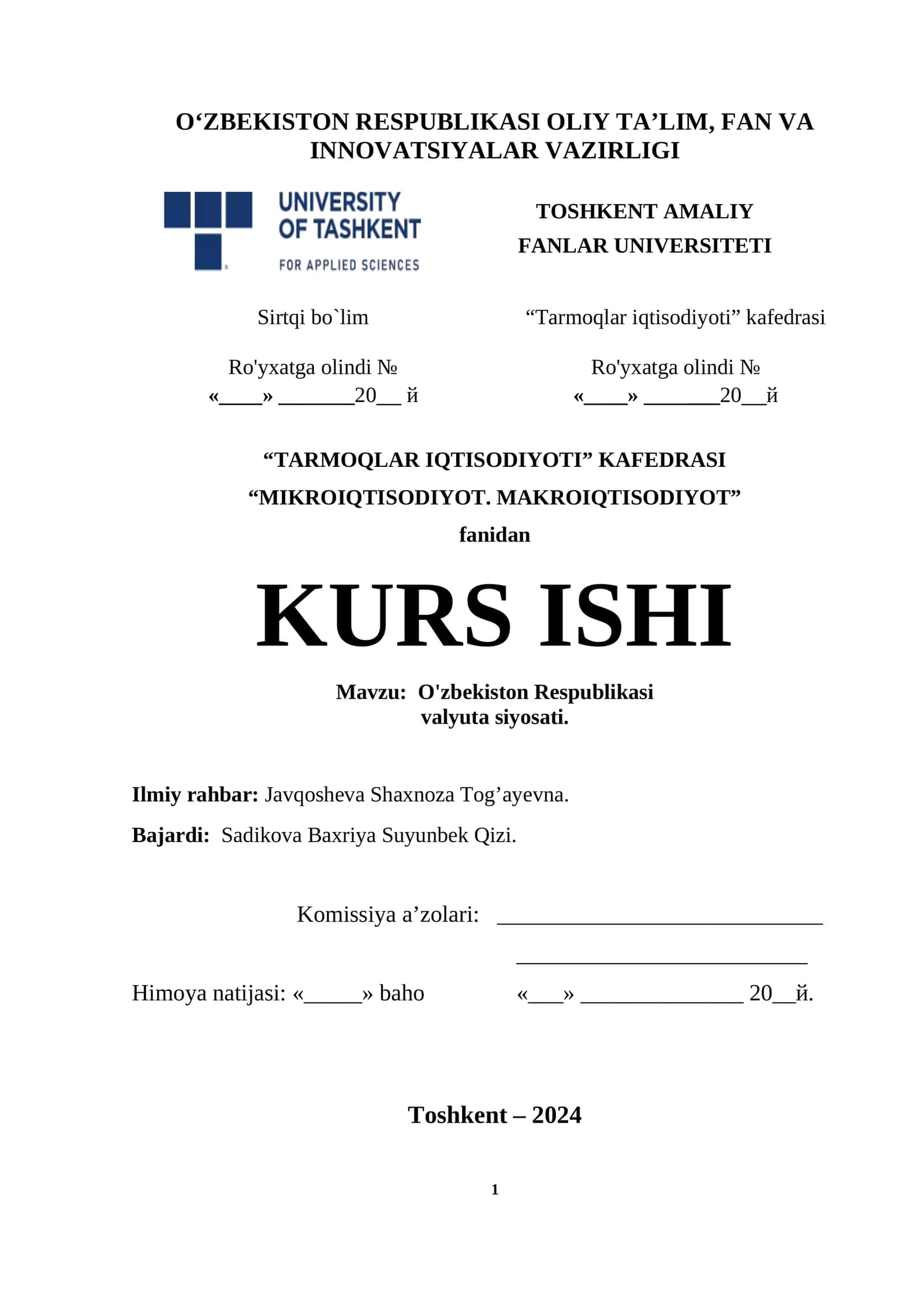 KURS ISHI, O'zbekiston Respublikasi valyuta siyosati 1