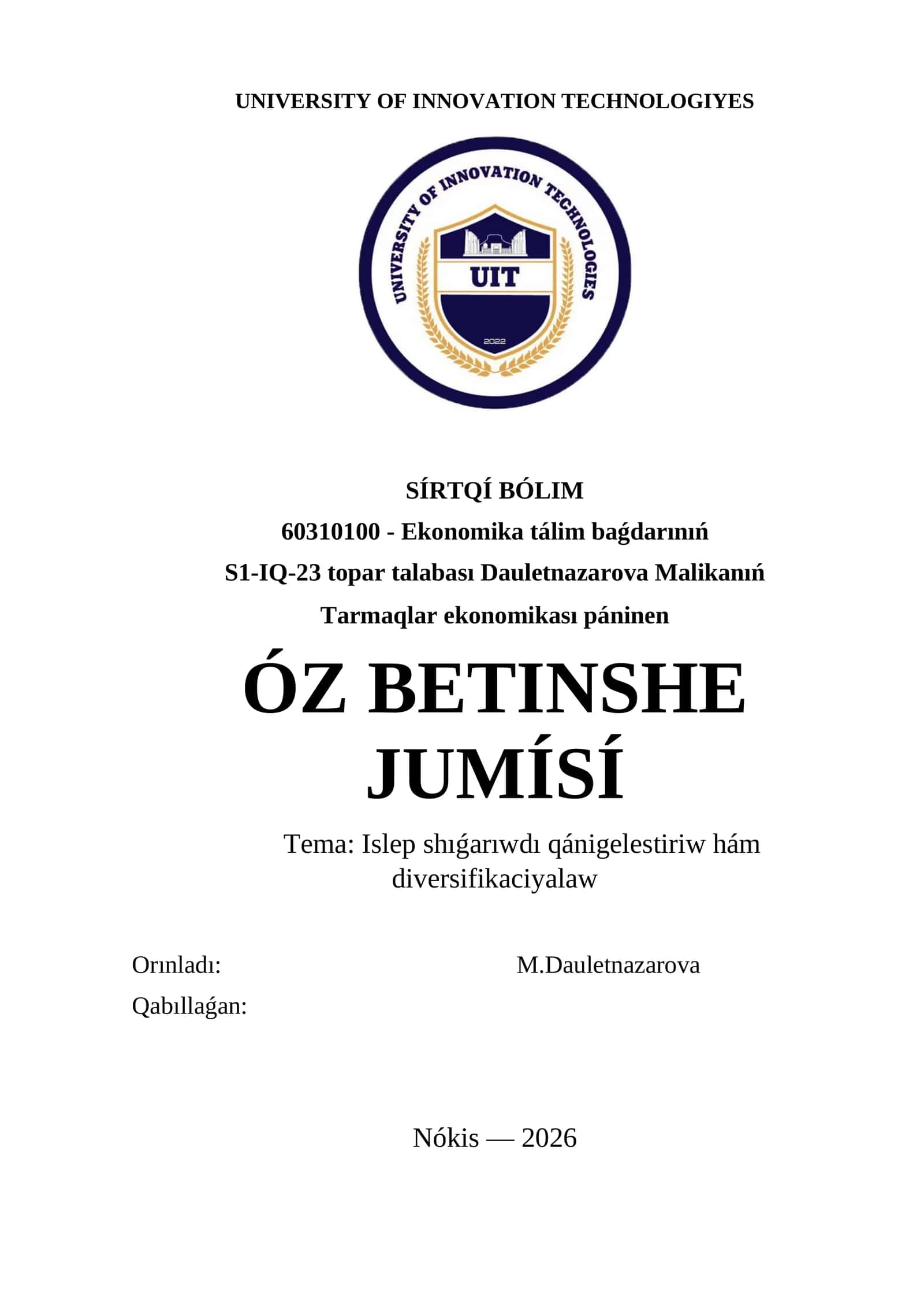 Islep shıǵarıwdı qánigelestiriw hám diversifikaciyalaw 1