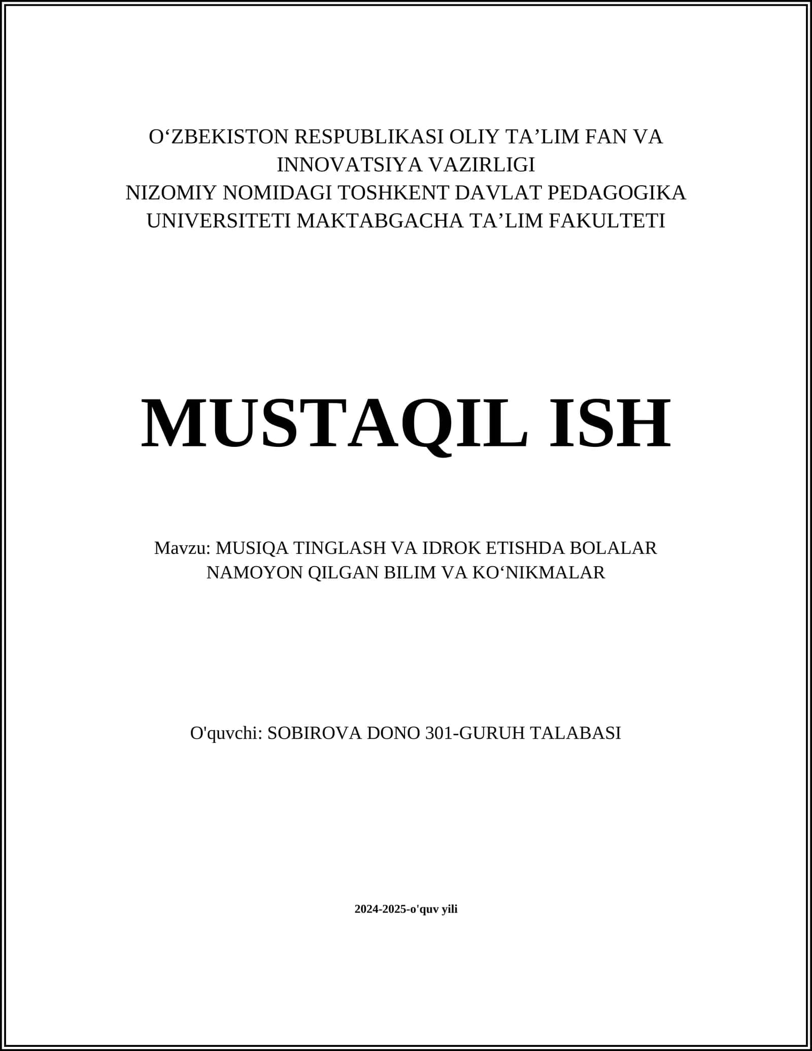 MUSIQA TINGLASH VA IDROK ETISHDA BOLALAR NAMOYON QILGAN BILIM VA KOʻNIKMALAR 1