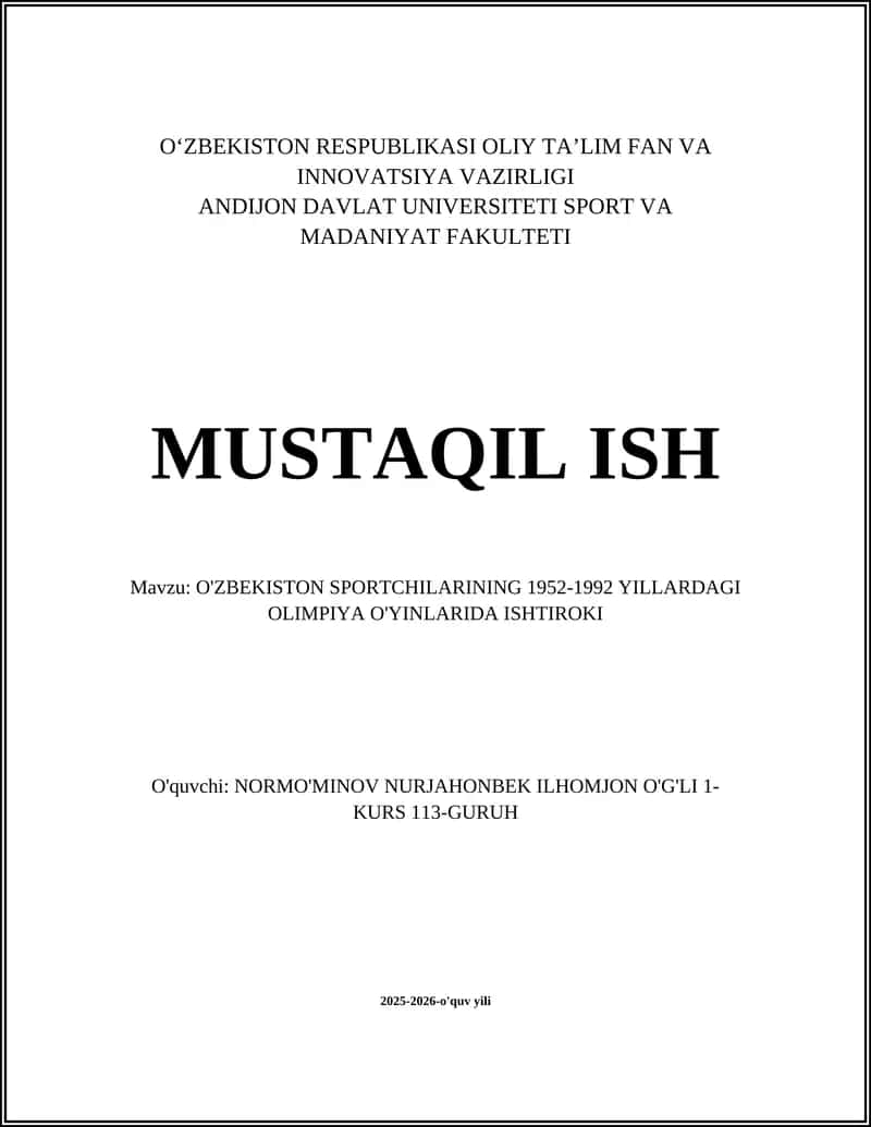 O'ZBEKISTON SPORTCHILARINING 1952-1992 YILLARDAGI OLIMPIYA O'YINLARIDA ISHTIROKI 1
