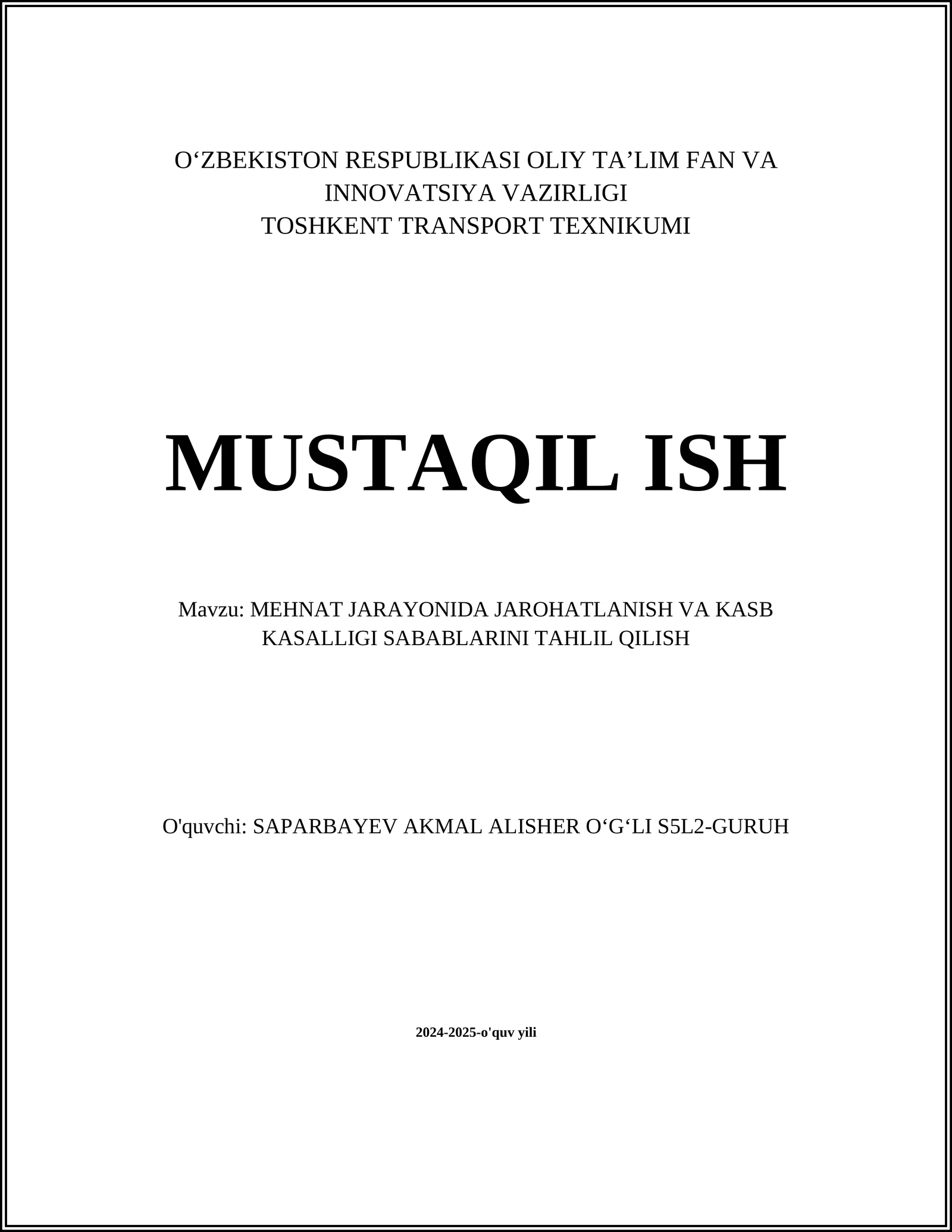 MEHNAT JARAYONIDA JAROHATLANISH VA KASB KASALLIGI SABABLARINI TAHLIL QILISH 1