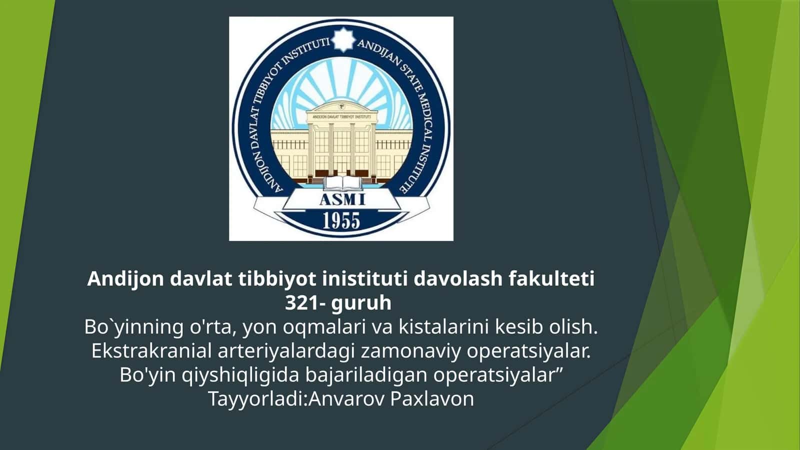 Bo`yinning o'rta, yon oqmalari va kistalarini kesib olish. Ekstrakranial arteriyalardagi zamonaviy operatsiyalar. Bo'yin qiyshiqligida bajariladigan operatsiyalar” 1