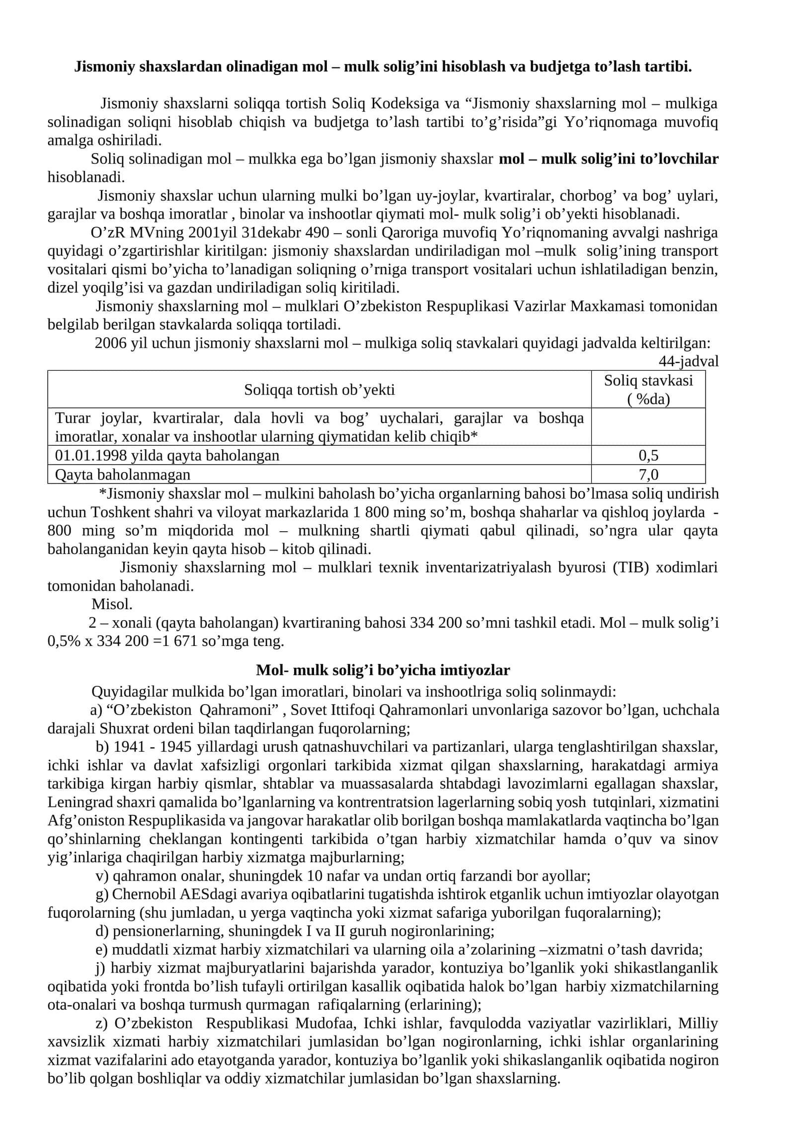 Jismoniy shaxslardan olinadigan mol – mulk solig’ini hisoblash va budjetga to’lash tartibi 1