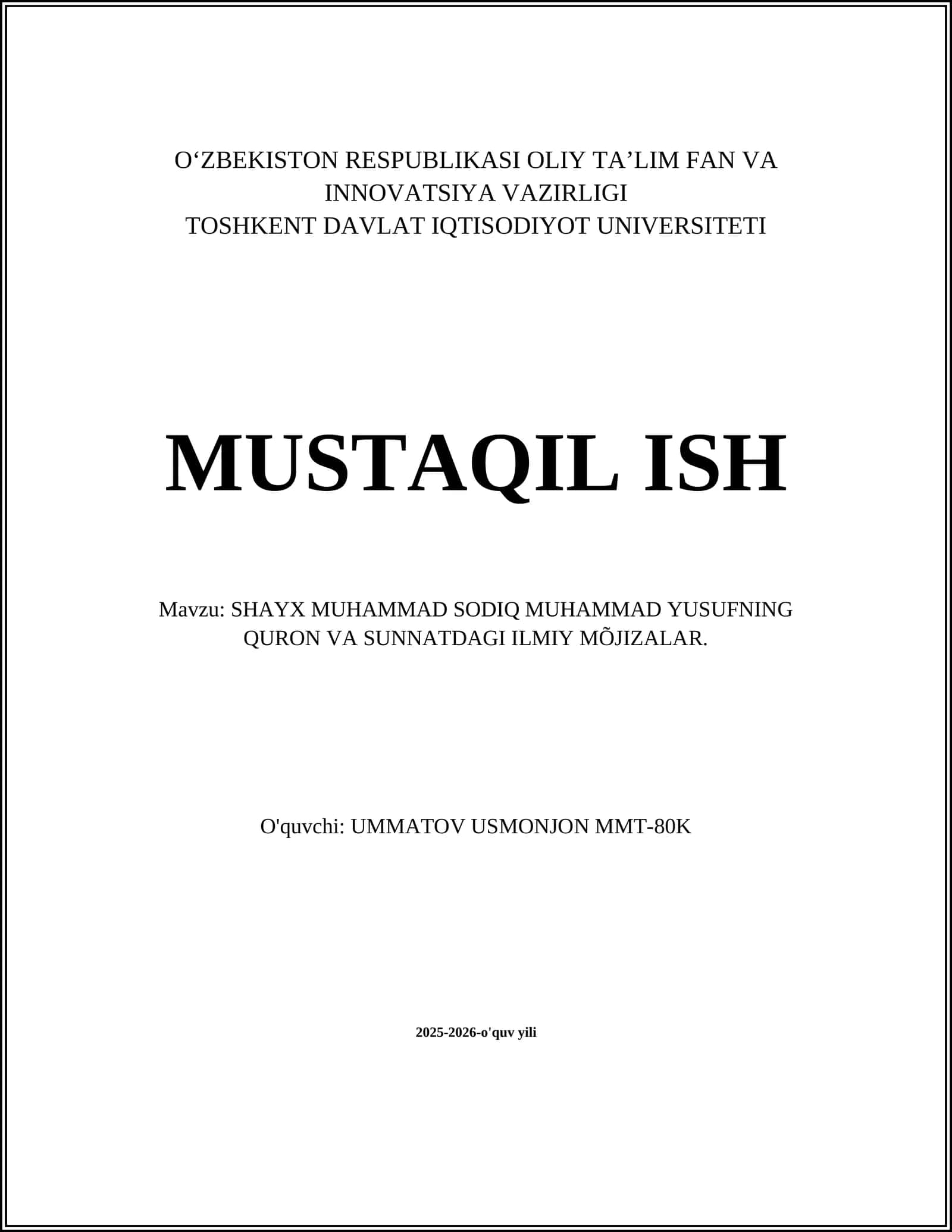 SHAYX MUHAMMAD SODIQ MUHAMMAD YUSUFNING QURON VA SUNNATDAGI ILMIY MÕJIZALAR 1