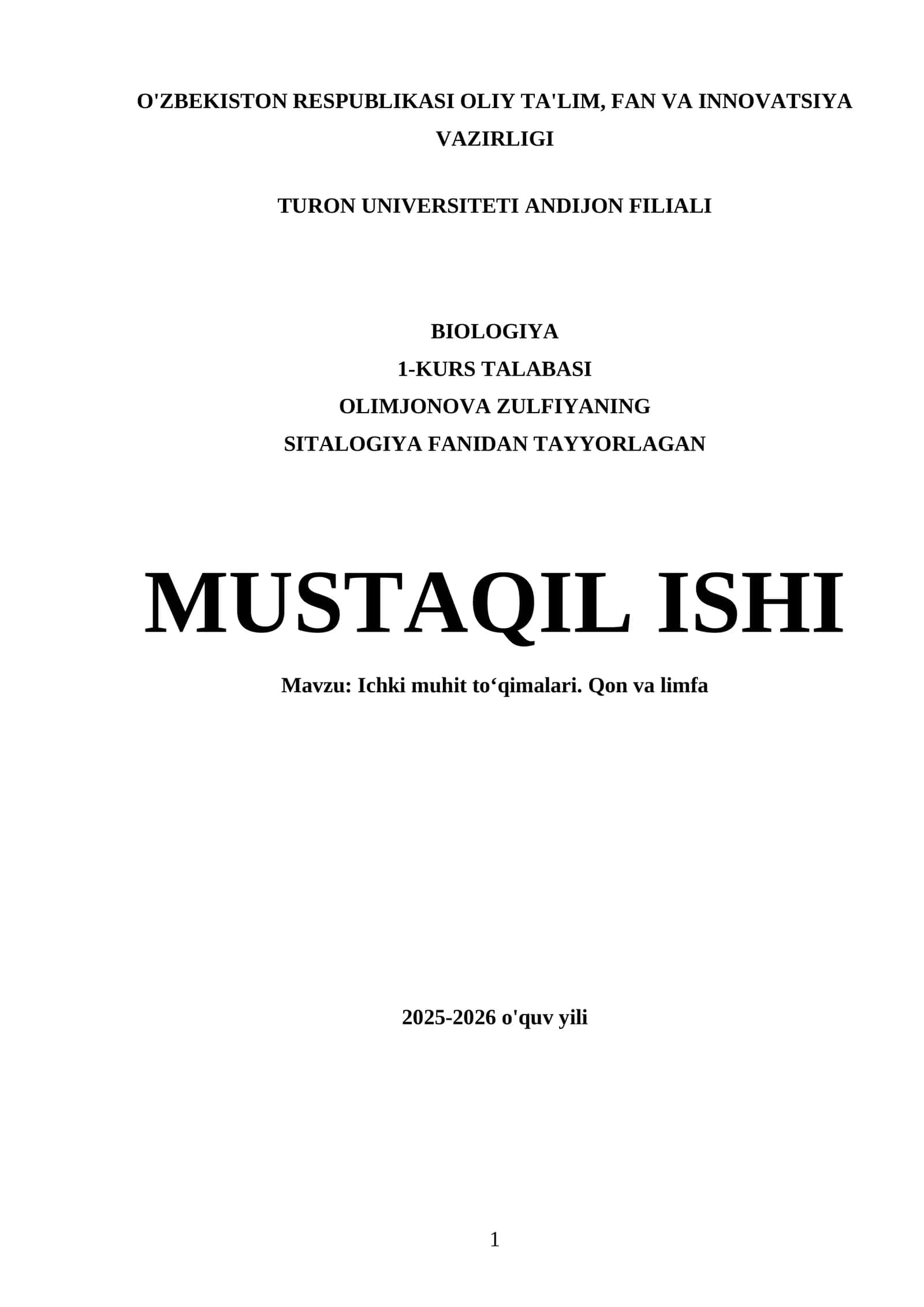 Ichki muhit toʻqimalari. Qon va limfa 1