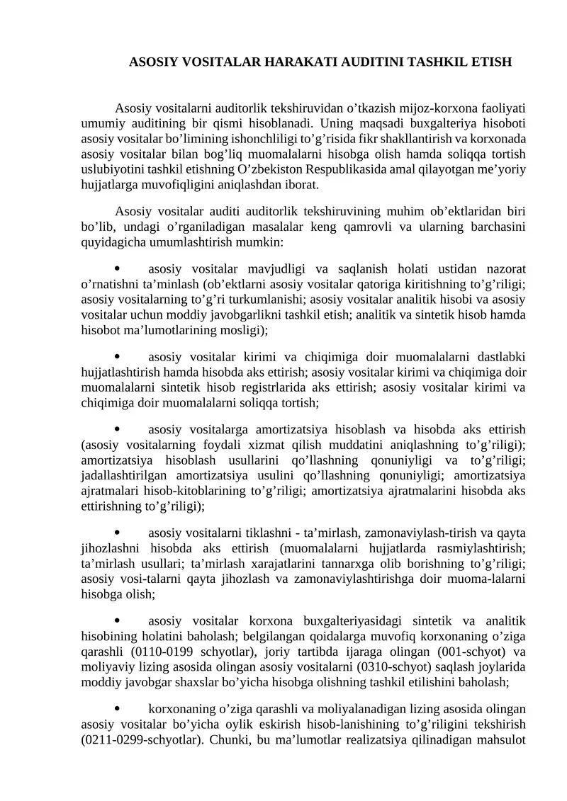 Asosiy vositalar harakati auditini tashkil etish 1