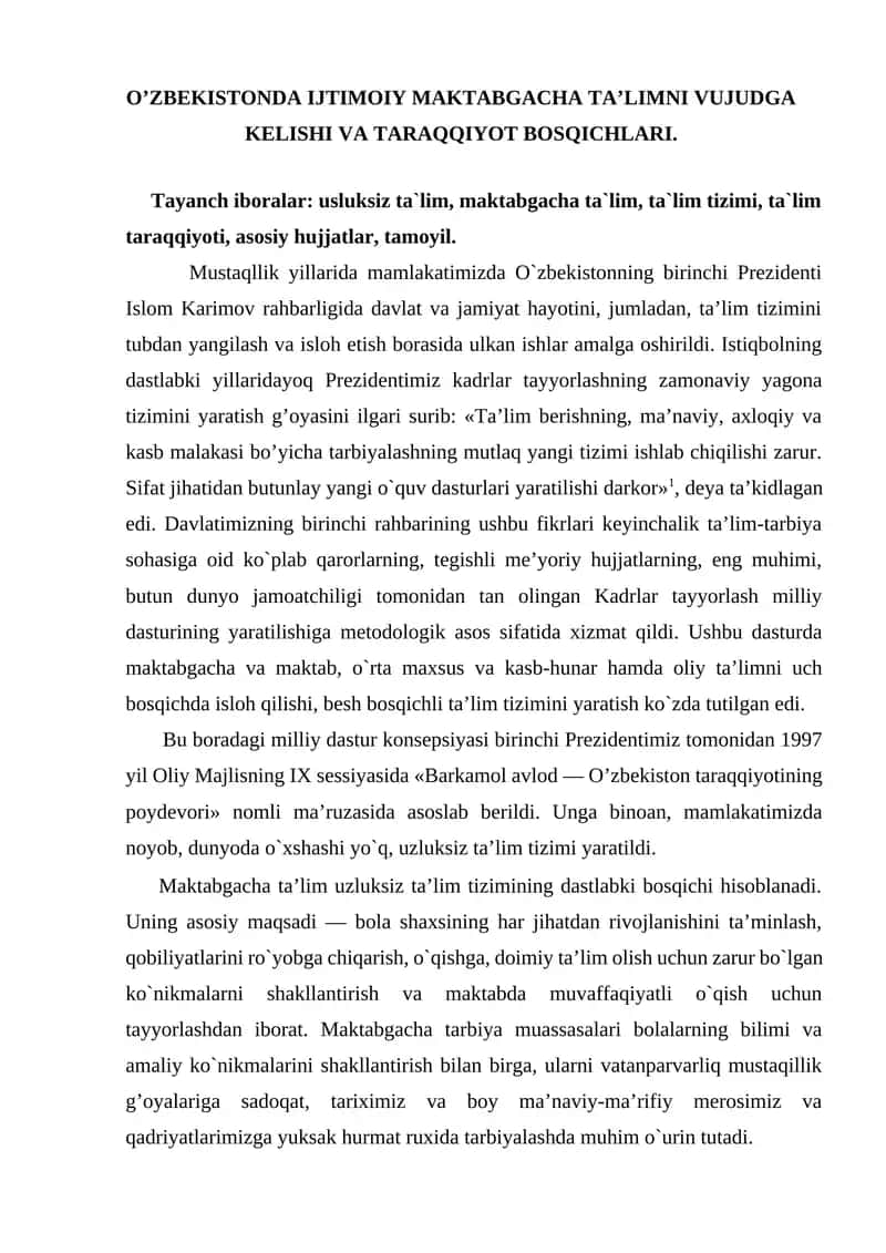 O’ZBEKISTONDA IJTIMOIY MAKTABGACHA TA’LIMNI VUJUDGA KELISHI VA TARAQQIYOT BOSQICHLARI 1