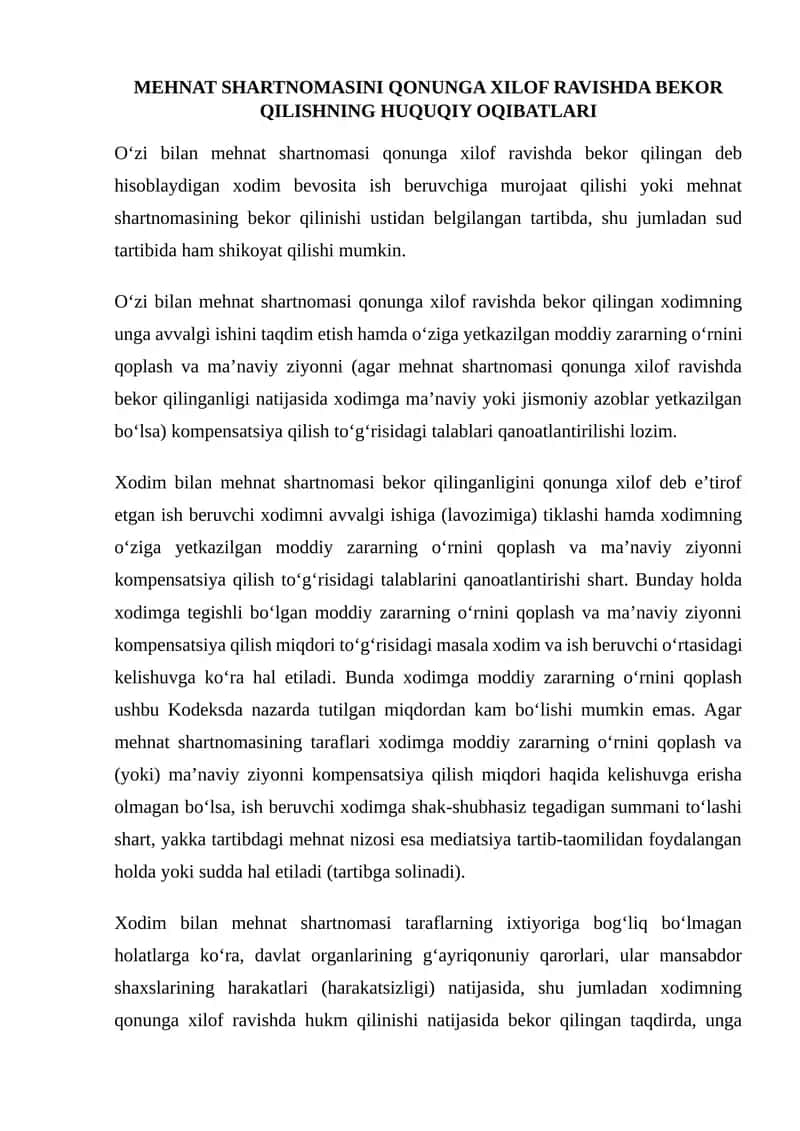 MEHNAT SHARTNOMASINI QONUNGA XILOF RAVISHDA BEKOR QILISHNING HUQUQIY OQIBATLARI 1
