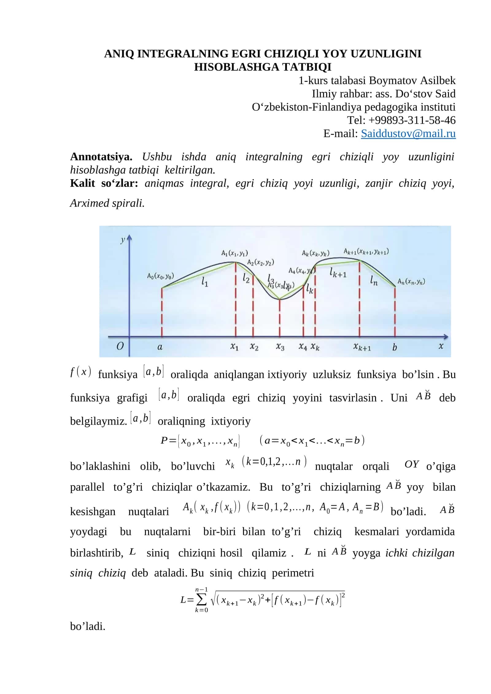 ANIQ INTEGRALNING EGRI CHIZIQLI YOY UZUNLIGINI HISOBLASHGA TATBIQI 1