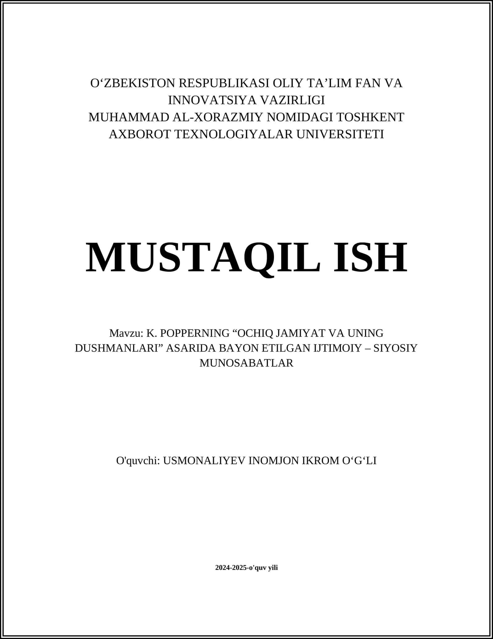 K. POPPERNING “OCHIQ JAMIYAT VA UNING DUSHMANLARI” ASARIDA BAYON ETILGAN IJTIMOIY – SIYOSIY MUNOSABATLAR 1