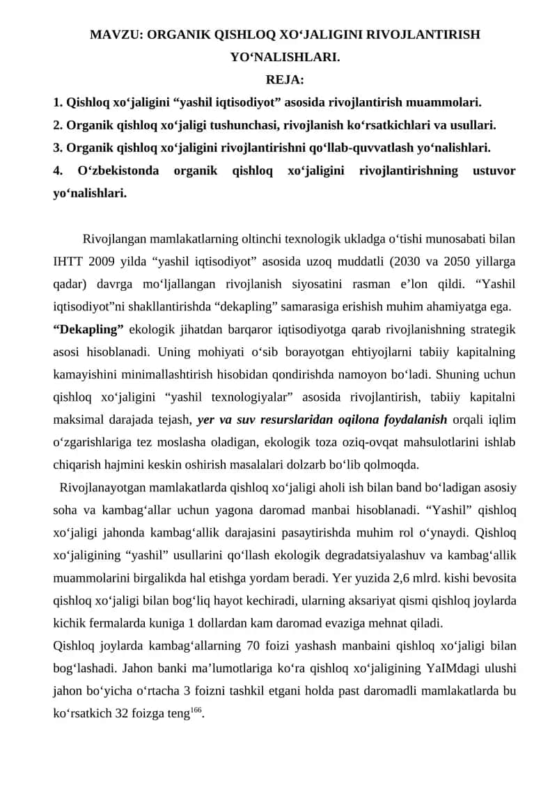 ORGANIK QISHLOQ XO‘JALIGINI RIVOJLANTIRISH YO‘NALISHLARI. 1