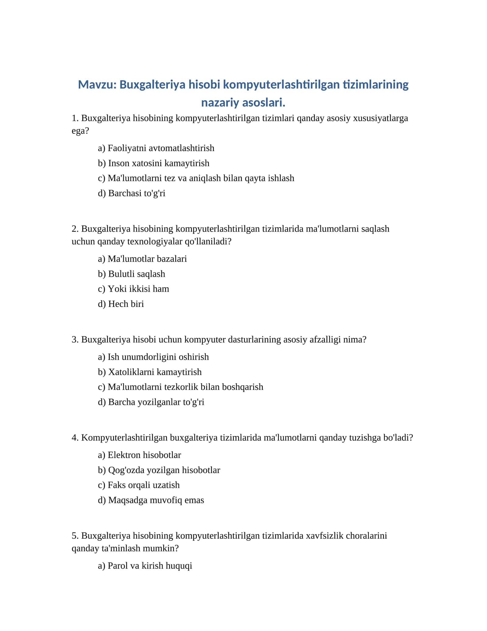 Buxgalteriya hisobi kompyuterlashtirilgan tizimlarining nazariy asoslari 1