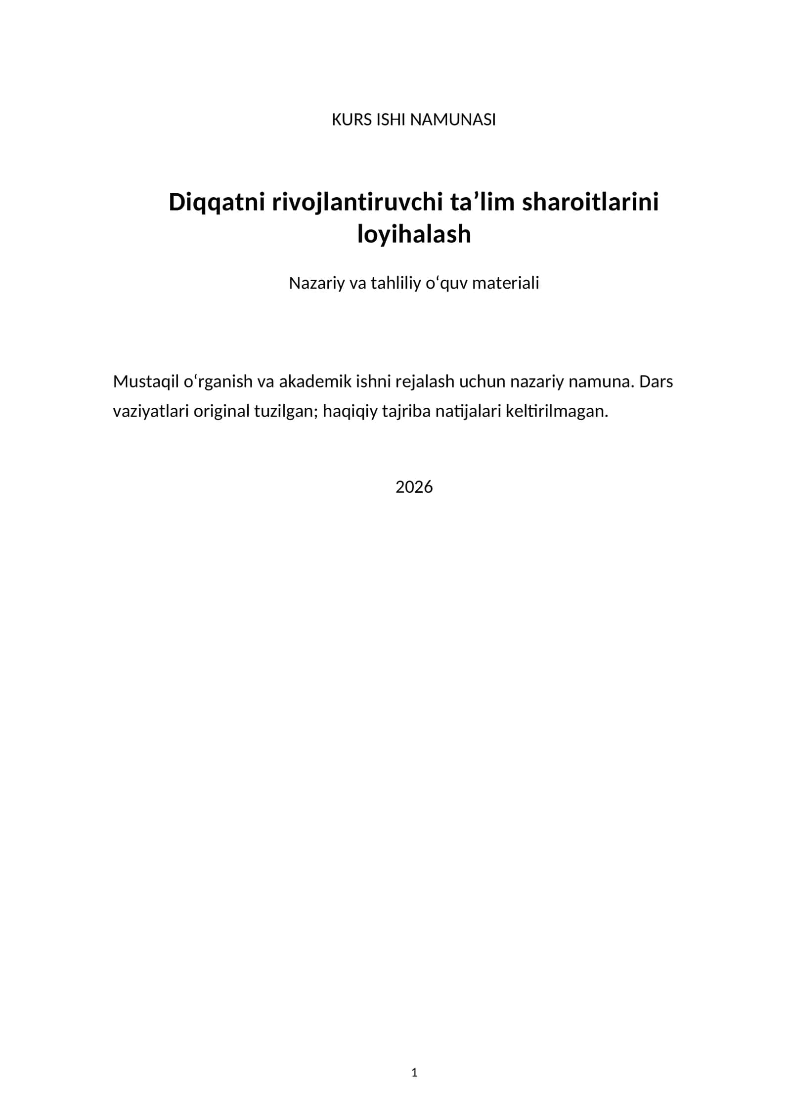 Diqqatni rivojlantiruvchi ta’lim sharoitlarini loyihalash — kurs ishi namunasi 1