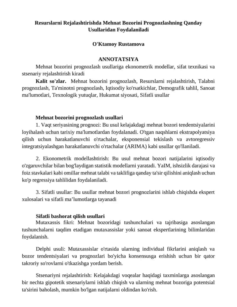 Mehnat bozorini Prognozlashning Usullari 1