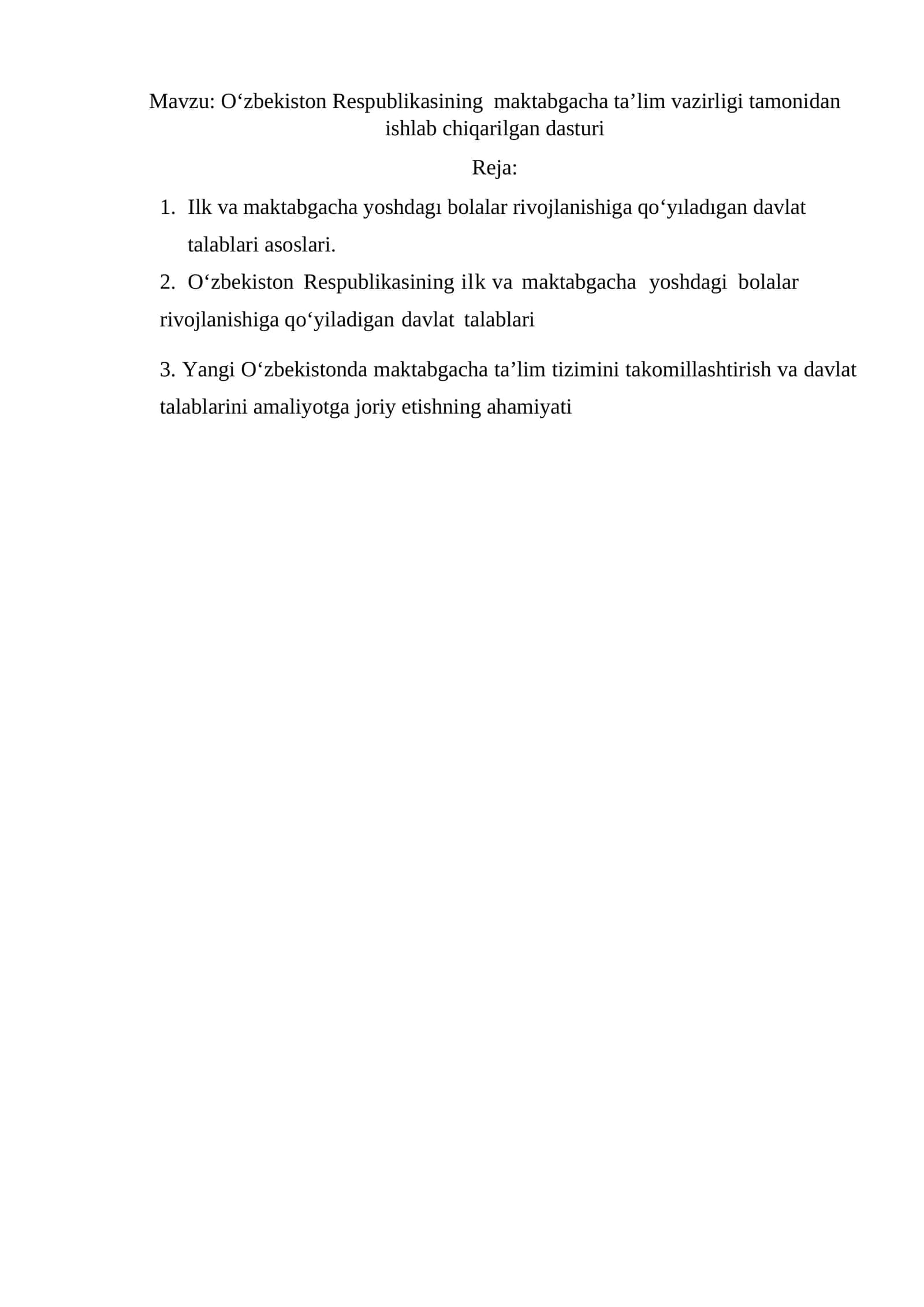 Oʻzbekiston Respublikasining  maktabgacha ta’lim vazirligi tamonidan ishlab chiqarilgan dasturi 1