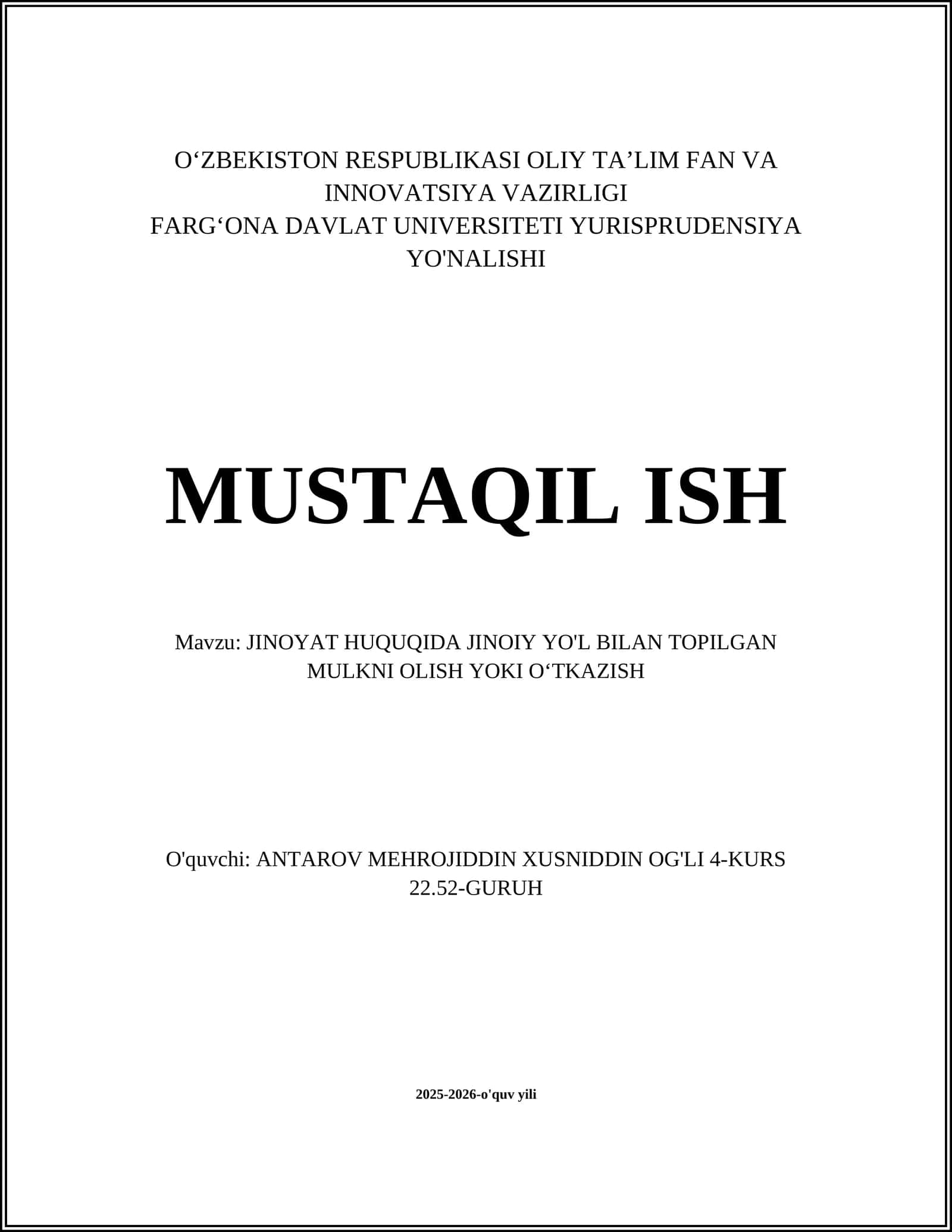 JINOYAT HUQUQIDA JINOIY YO'L BILAN TOPILGAN MULKNI OLISH YOKI OʻTKAZISH 1