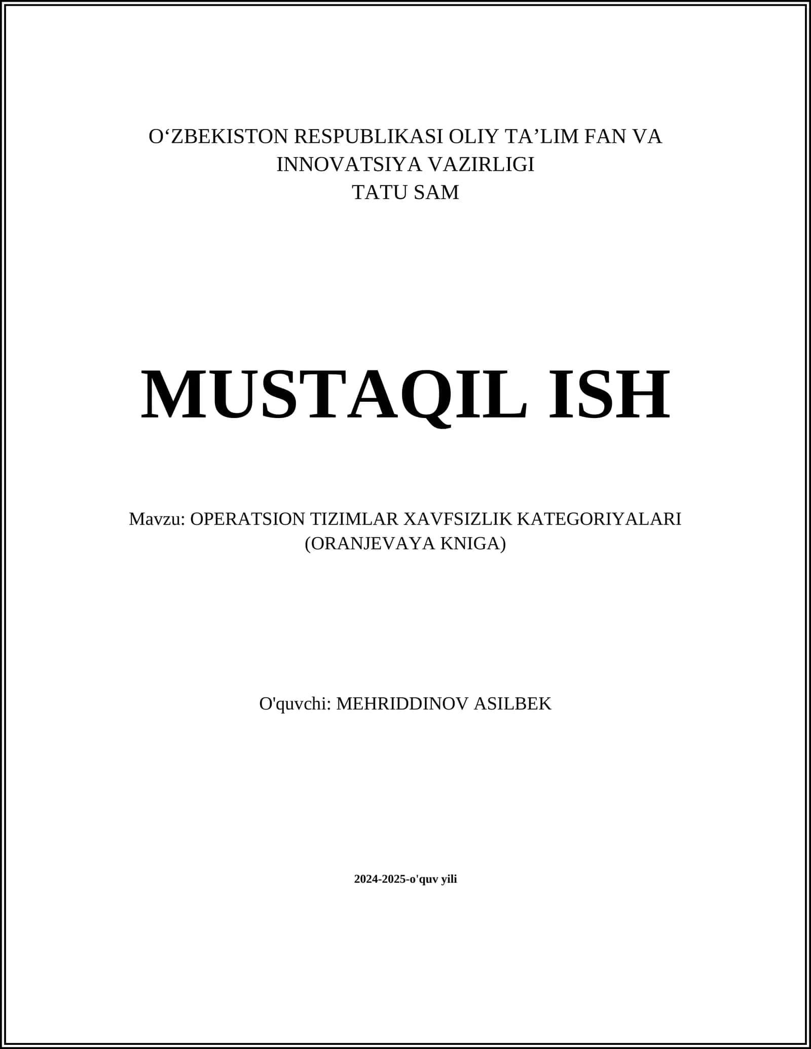 OPERATSION TIZIMLAR XAVFSIZLIK KATEGORIYALARI (ORANJEVAYA KNIGA) 1