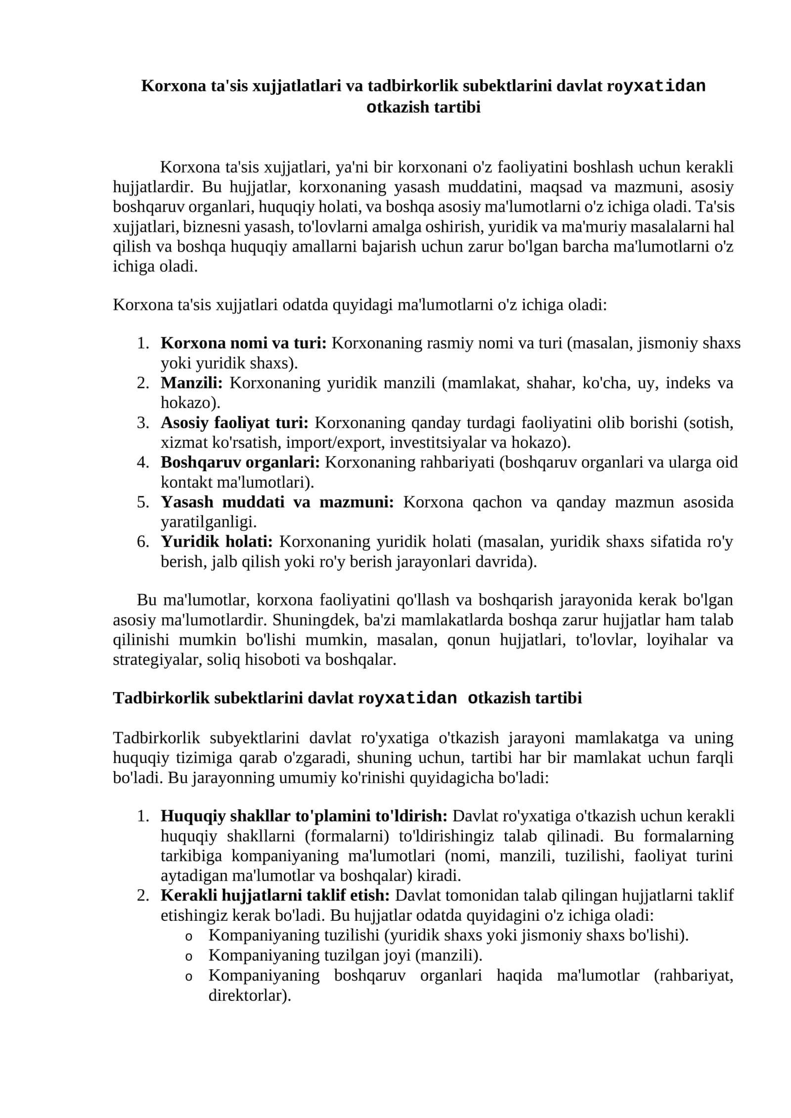Korxona ta'sis xujjatlari va tadbirkorlik subektlarini davlat royxatidan otkazish tartibi 1