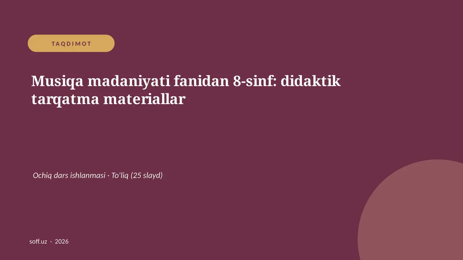 Musiqa madaniyati fanidan 8-sinf: didaktik tarqatma materiallar 1