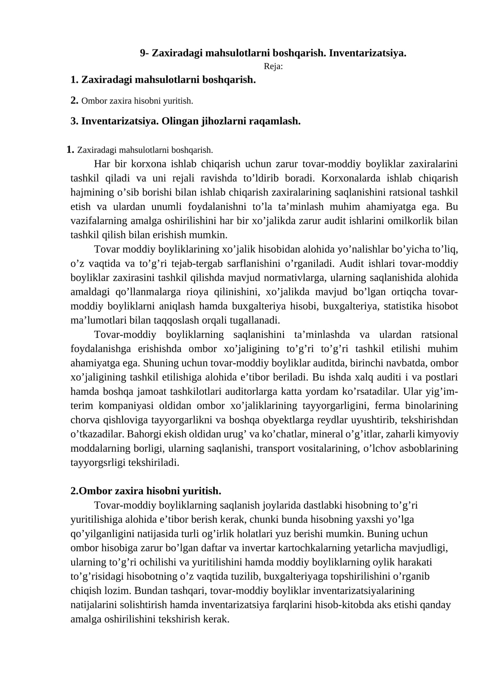 Zaxiradagi mahsulotlarni boshqarish. Inventarizatsiya 1