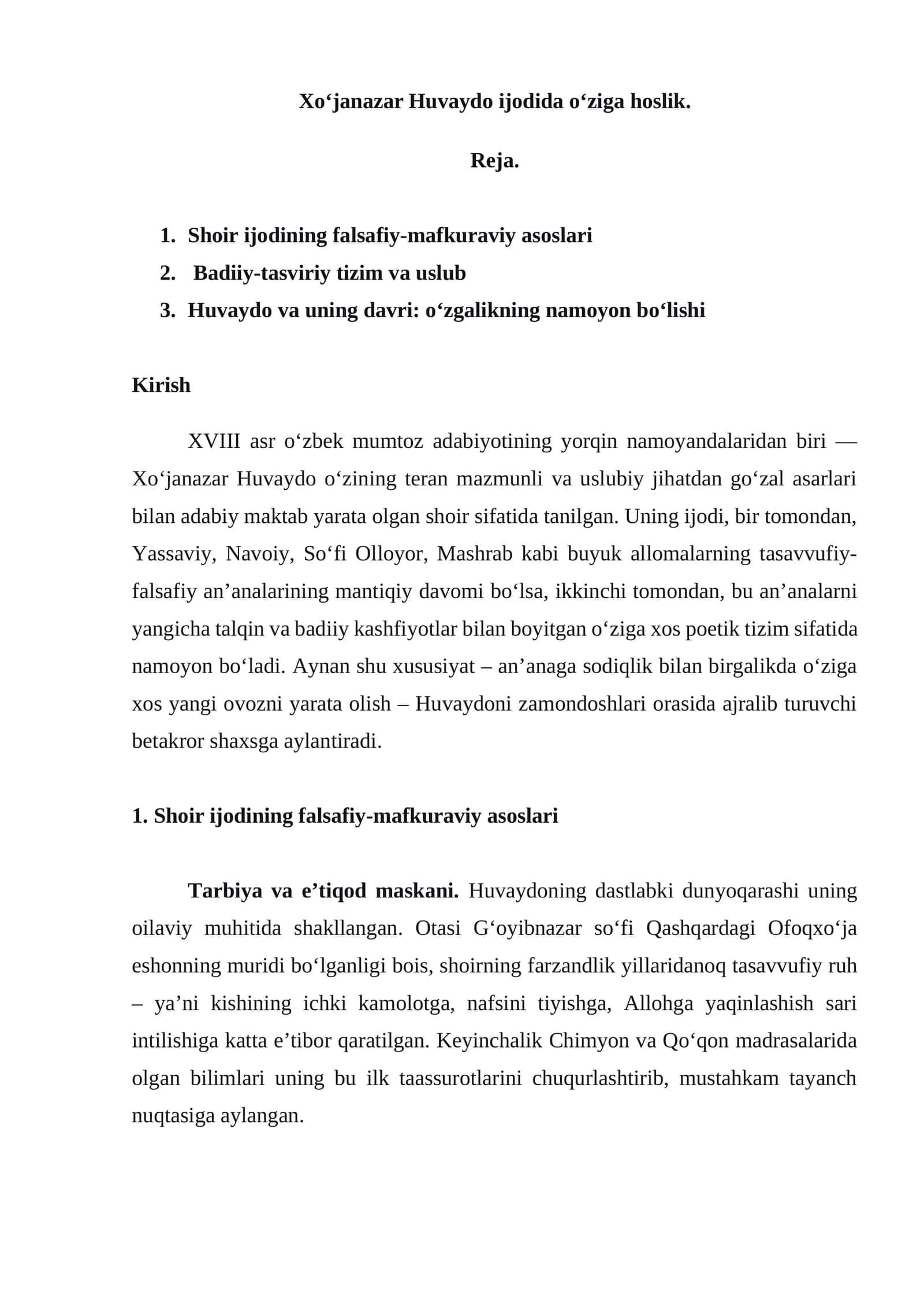 Xoʻjanazar Huvaydo ijodida oʻziga hoslik 1