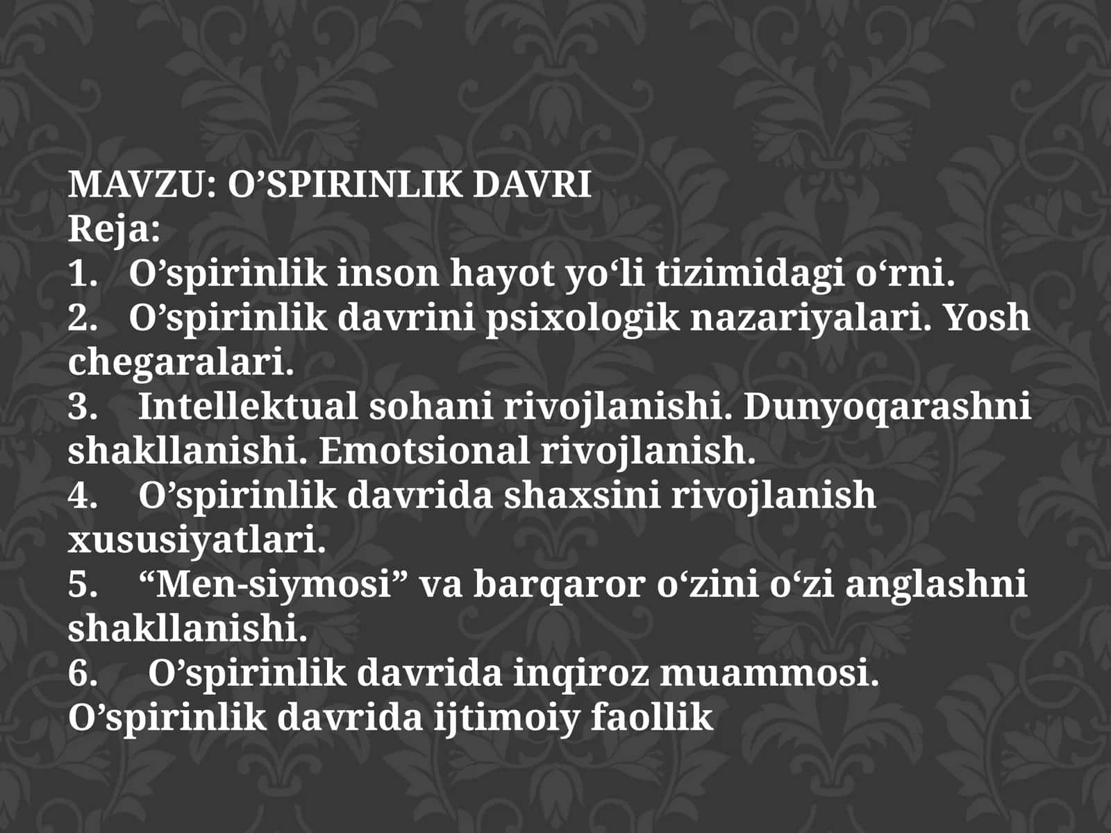 O’SPIRINLIK DAVRI 1