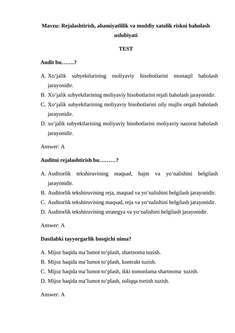 Rejalashtirish, ahamiyatlilik va moddiy xatolik riskni baholash uslubiyati 1