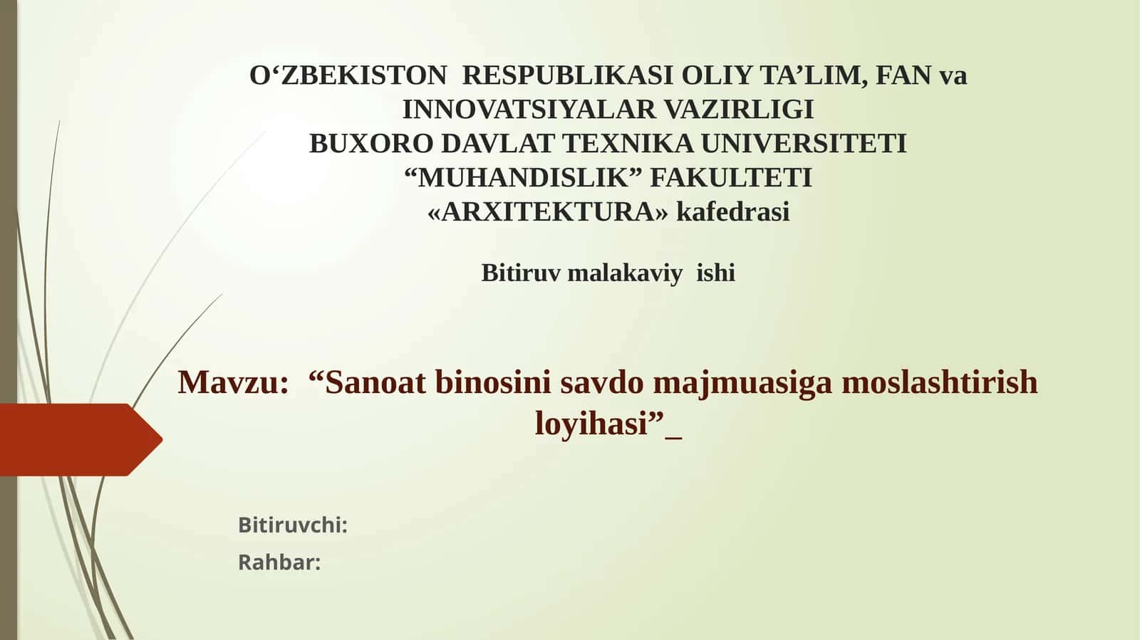 Sanoat binosini savdo majmuasiga moslashtirish loyihasi Diplom ishi Prezintatsiya.pptx 1