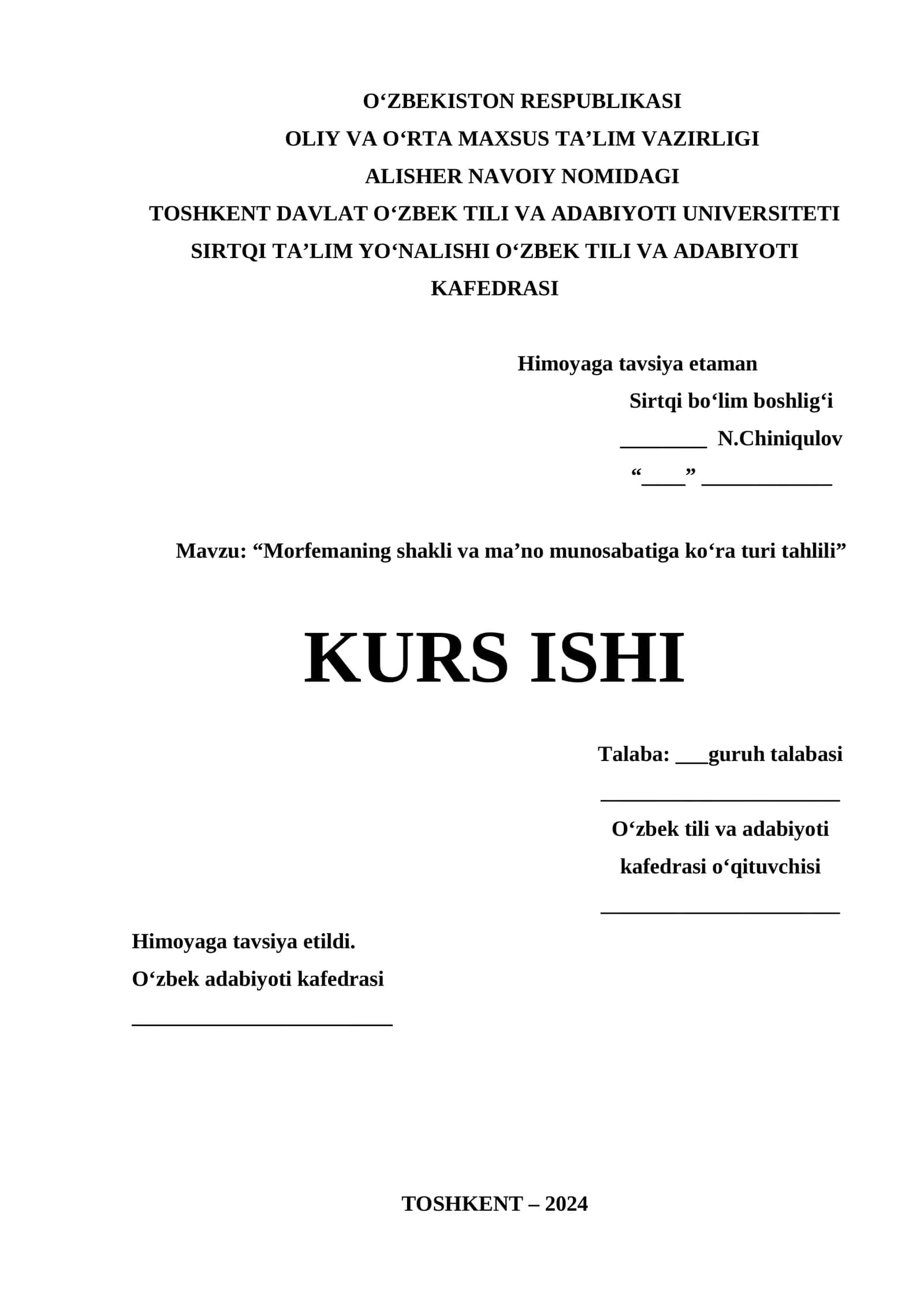 “Morfemaning shakli va ma’no munosabatiga ko‘ra turi tahlili” KURS ISHI 1