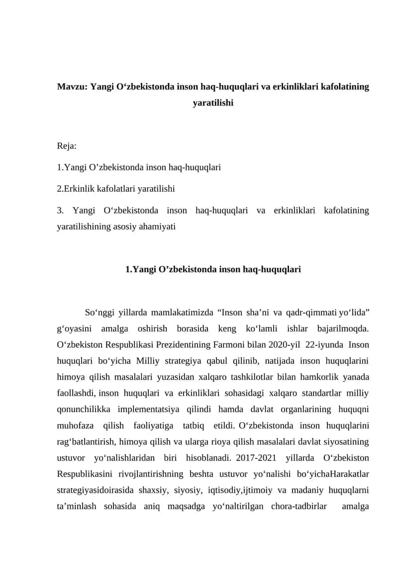Yangi O‘zbekistonda inson haq-huquqlari va erkinliklari kafolatining yaratilishi 1