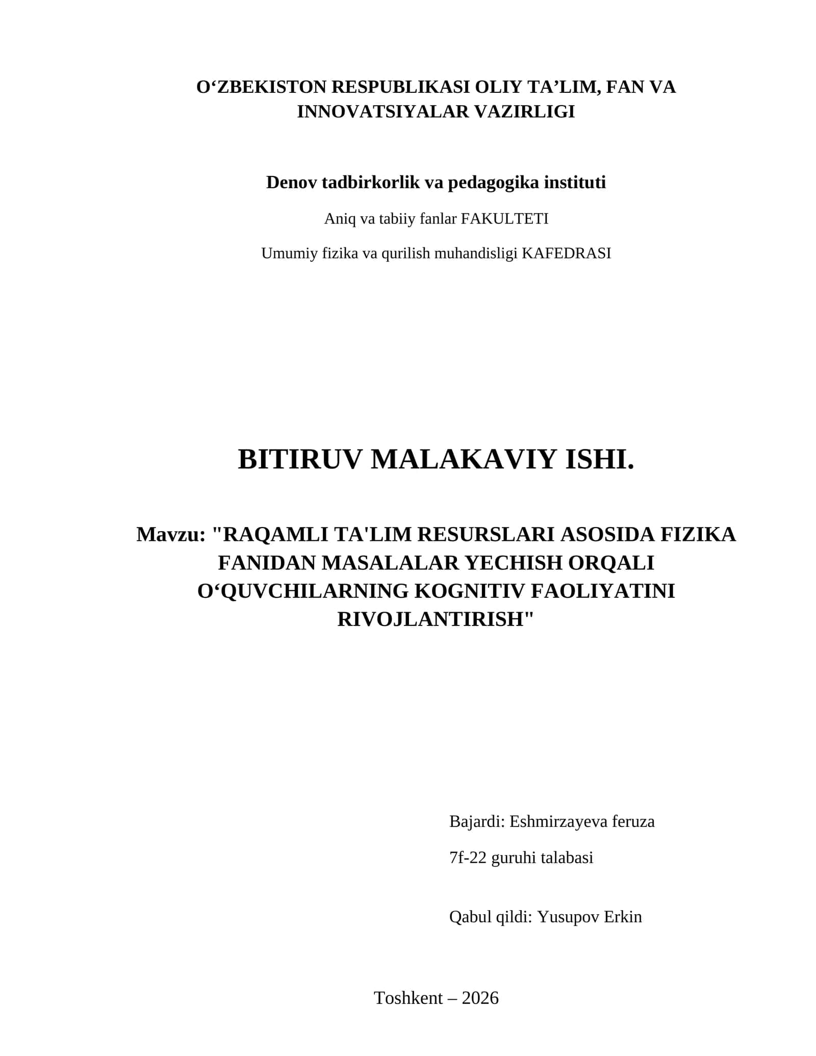 Raqamli ta'lim resurslari asosida fizika fanidan masalalar yechish orqali oʻquvchilarning kognitiv faoliyatini rivojlantirish 1