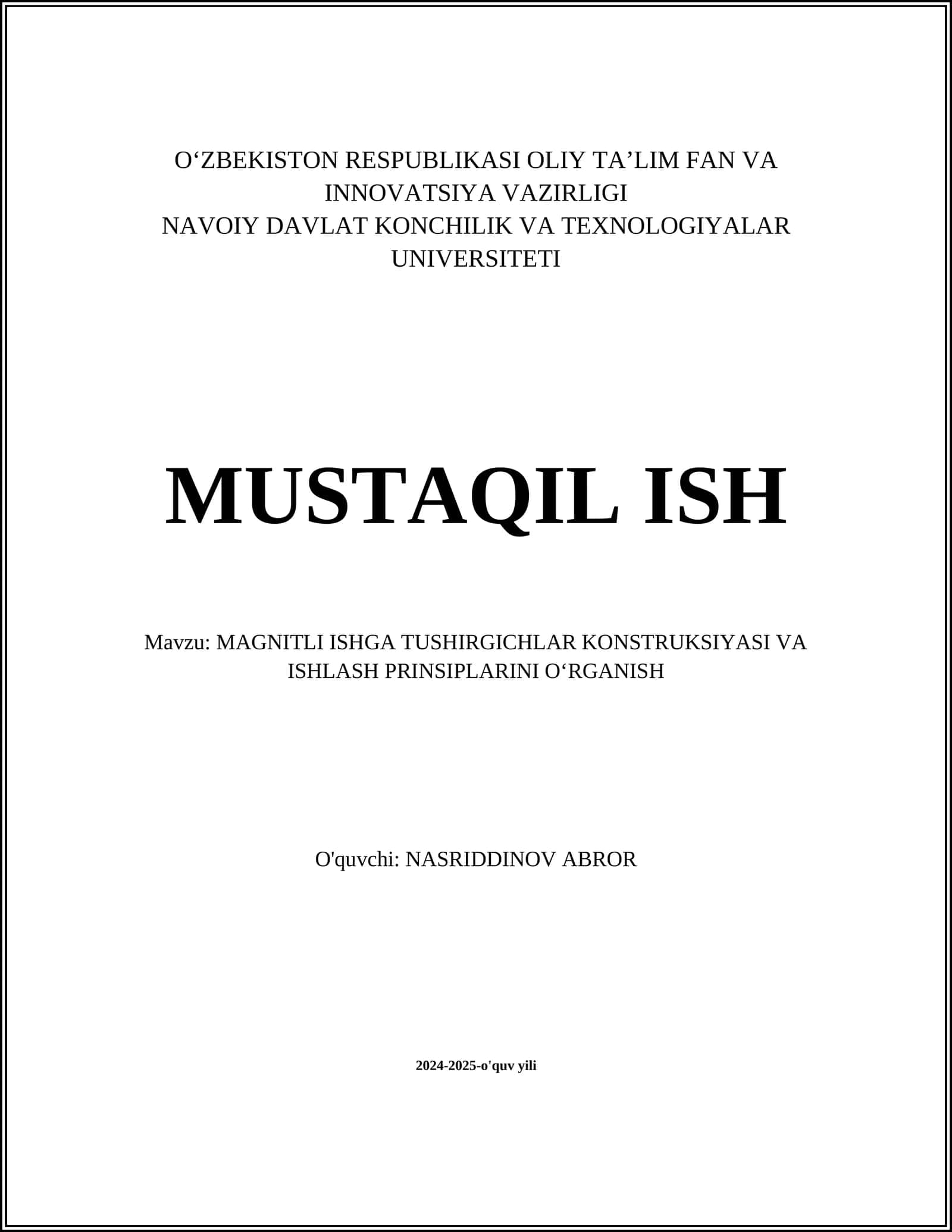 MAGNITLI ISHGA TUSHIRGICHLAR KONSTRUKSIYASI VA ISHLASH PRINSIPLARINI O‘RGANISH 1
