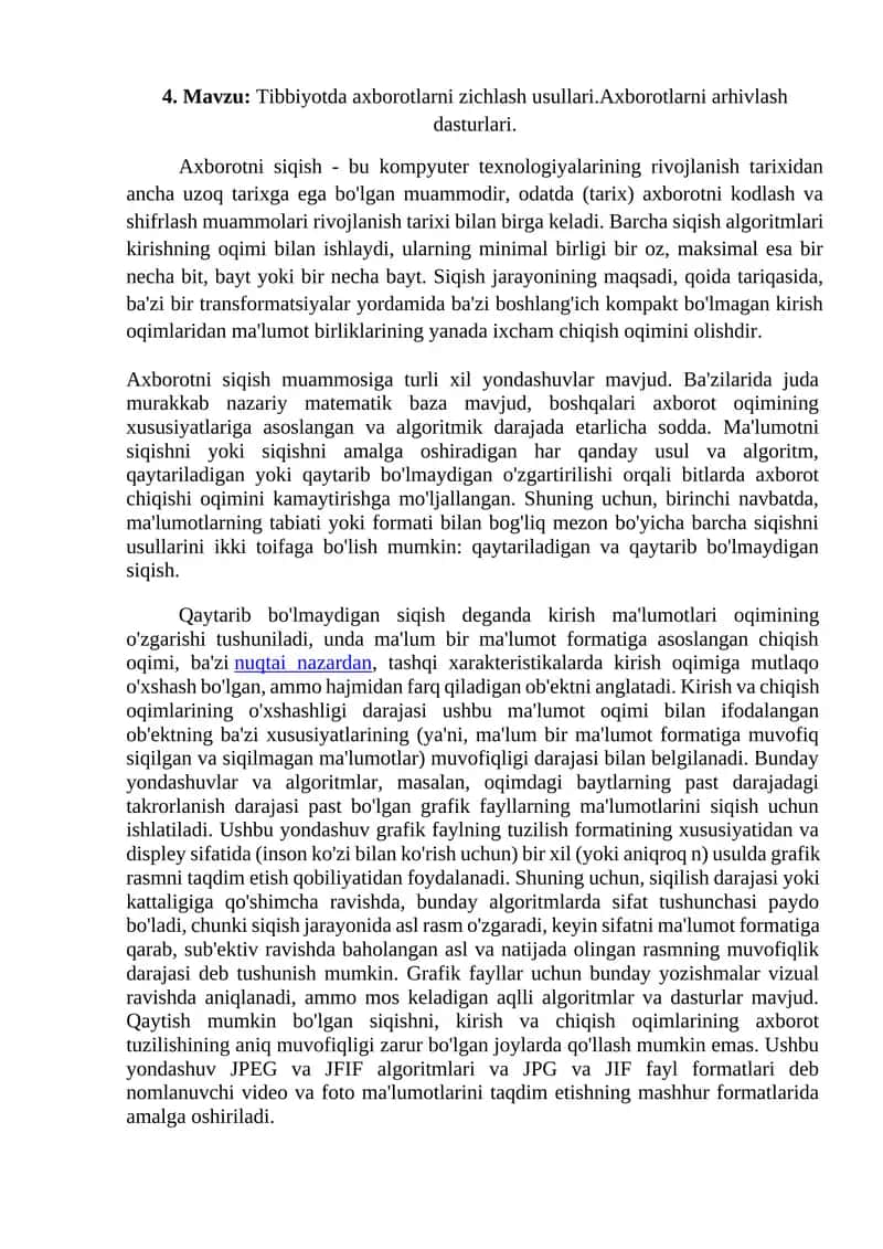 Tibbiyotda axborotlarni zichlash usullari.Axborotlarni arhivlash dasturlari 1