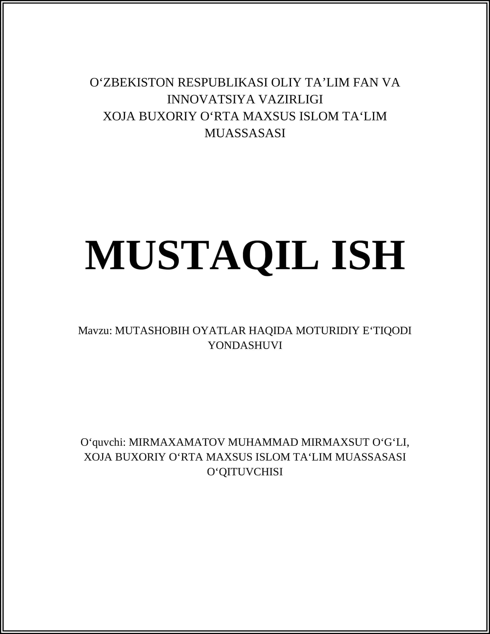 MUTASHOBIH OYATLAR HAQIDA MOTURIDIY E‘TIQODI YONDASHUVI 1