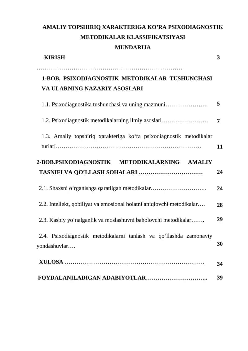 Amaliy topshiriq xarakteriga ko'ra psixodiagnostik metodikalar klassifikatsiyasi 1